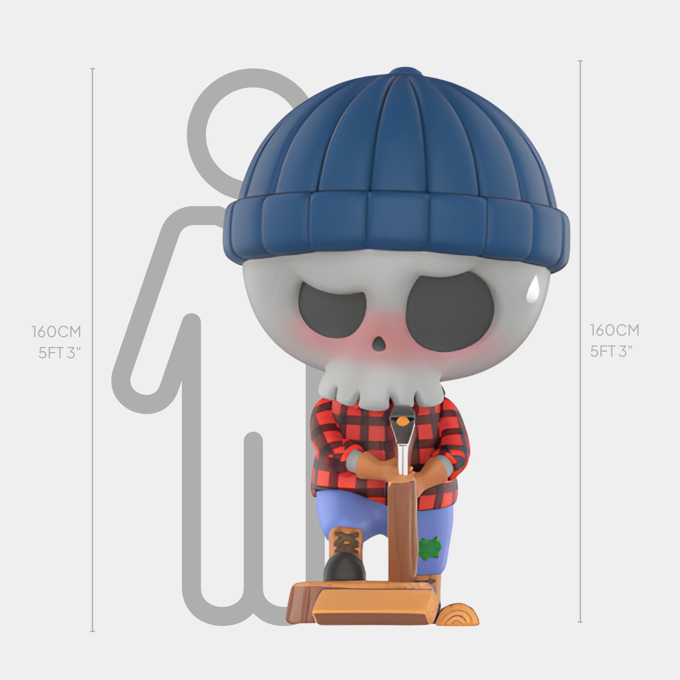 The Camp Life Lumberjack Skull Labubu Sculpture by Giant Sculptures stands 160cm tall, featuring a skull head, blue beanie, red plaid shirt, axe, and log—perfect for indoor character display. Height compared to a 160cm/5ft3in silhouette in the background.