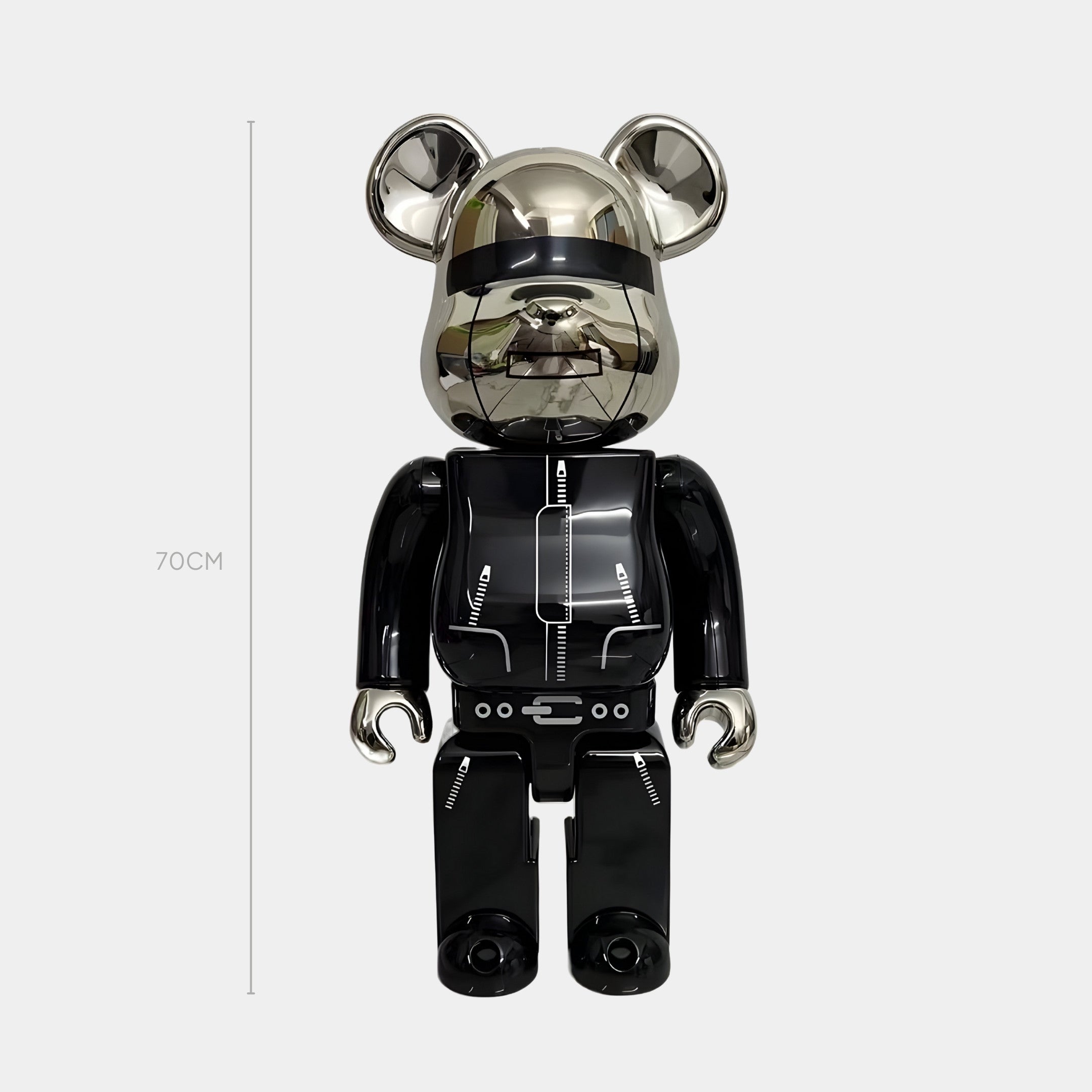 The Cipher Tech Bear Sculpture - 70cm by Giant Sculptures impresses with a mirror-polished chrome head, black body, and white line accents. Its minimal, futuristic design creates a bold cyber-punk statement for any modern collection.