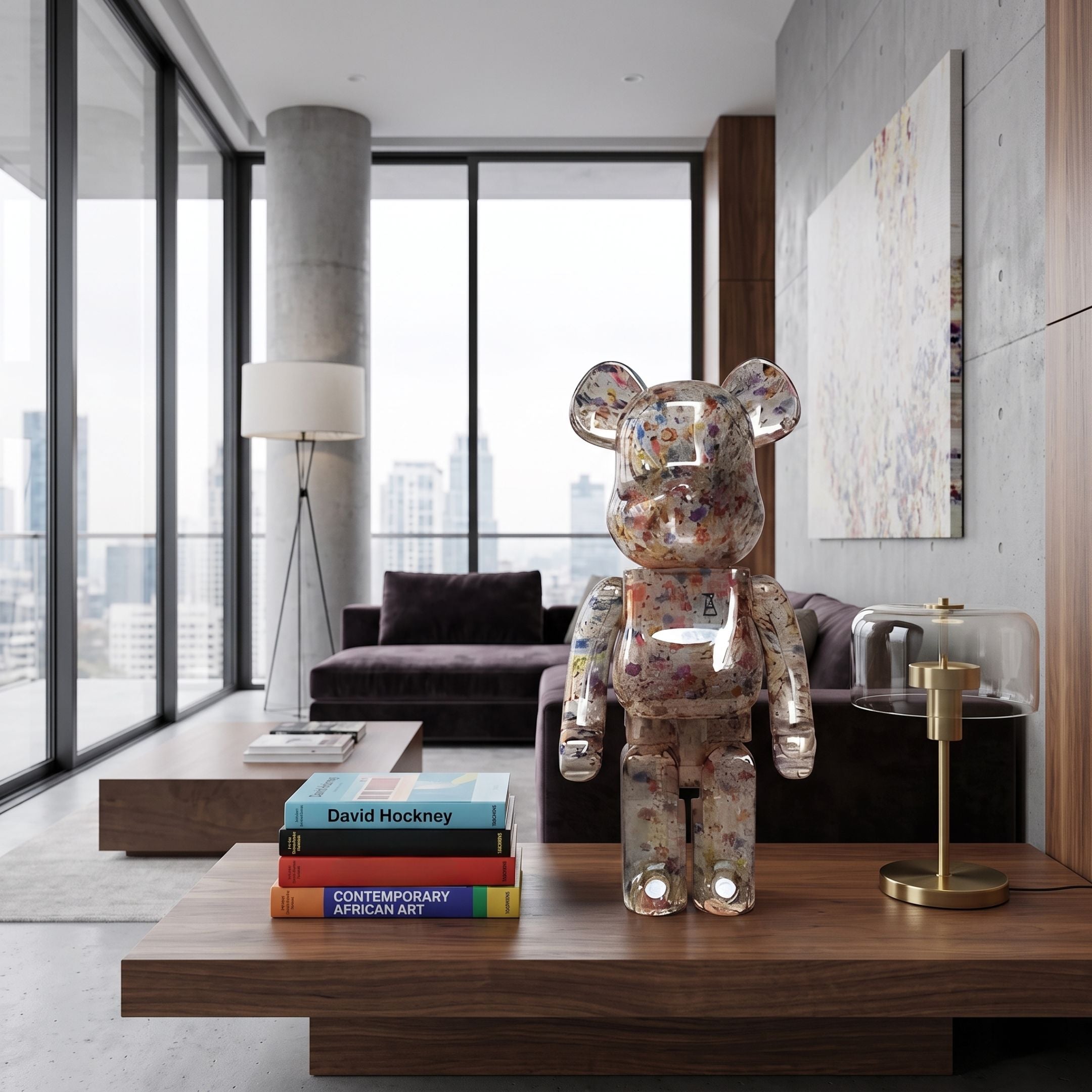 Clear Paint Fleck Bear Sculpture, 70cm, translucent resin with multicoloured paint flecks, displayed on a coffee table in a modern living room with city views.