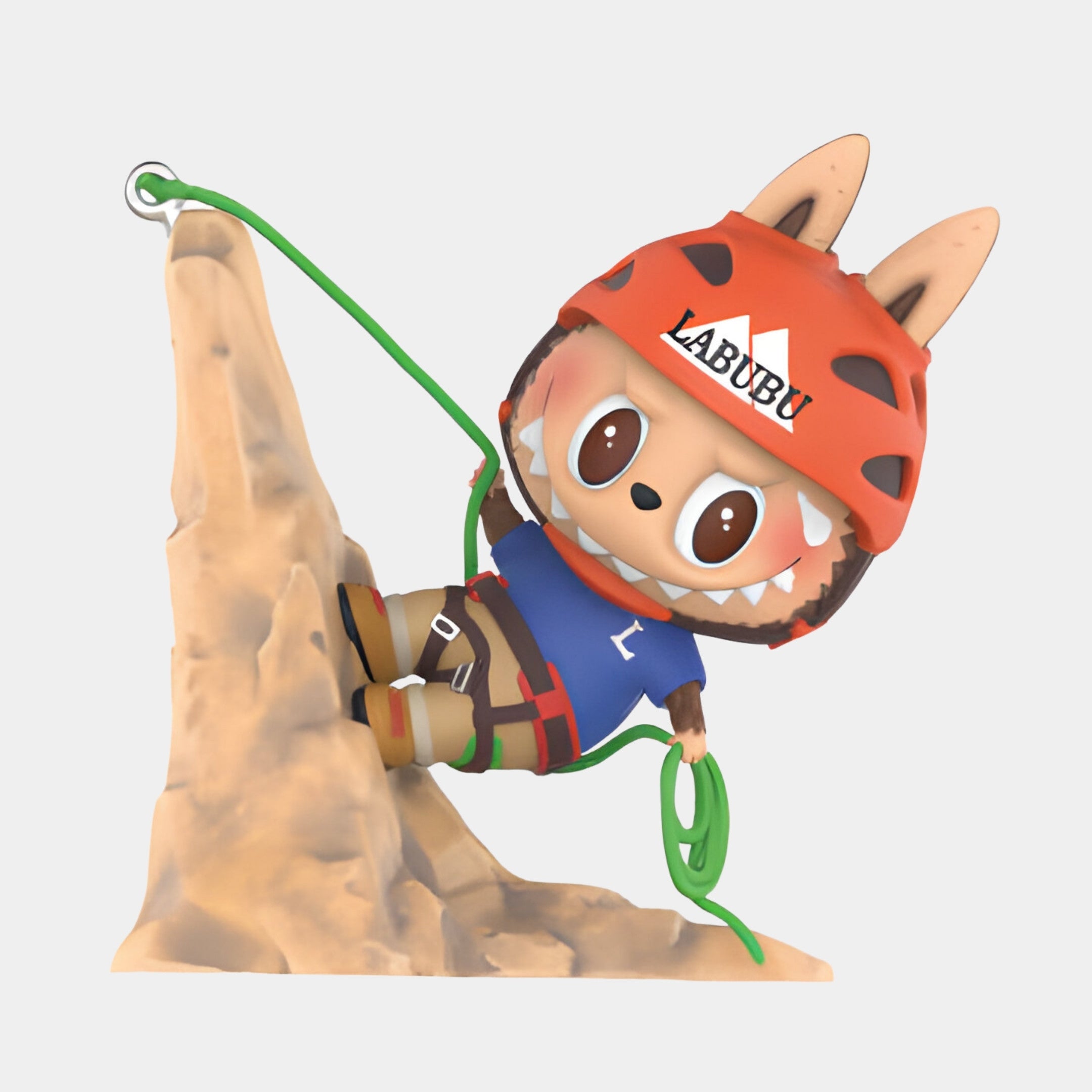 The Rock Climber Labubu Sculpture by Giant Sculptures features a cute cartoon character with animal ears in a red helmet, blue shirt, and climbing gear, scaling rocks—an adorable 160cm fibreglass centrepiece for indoors.