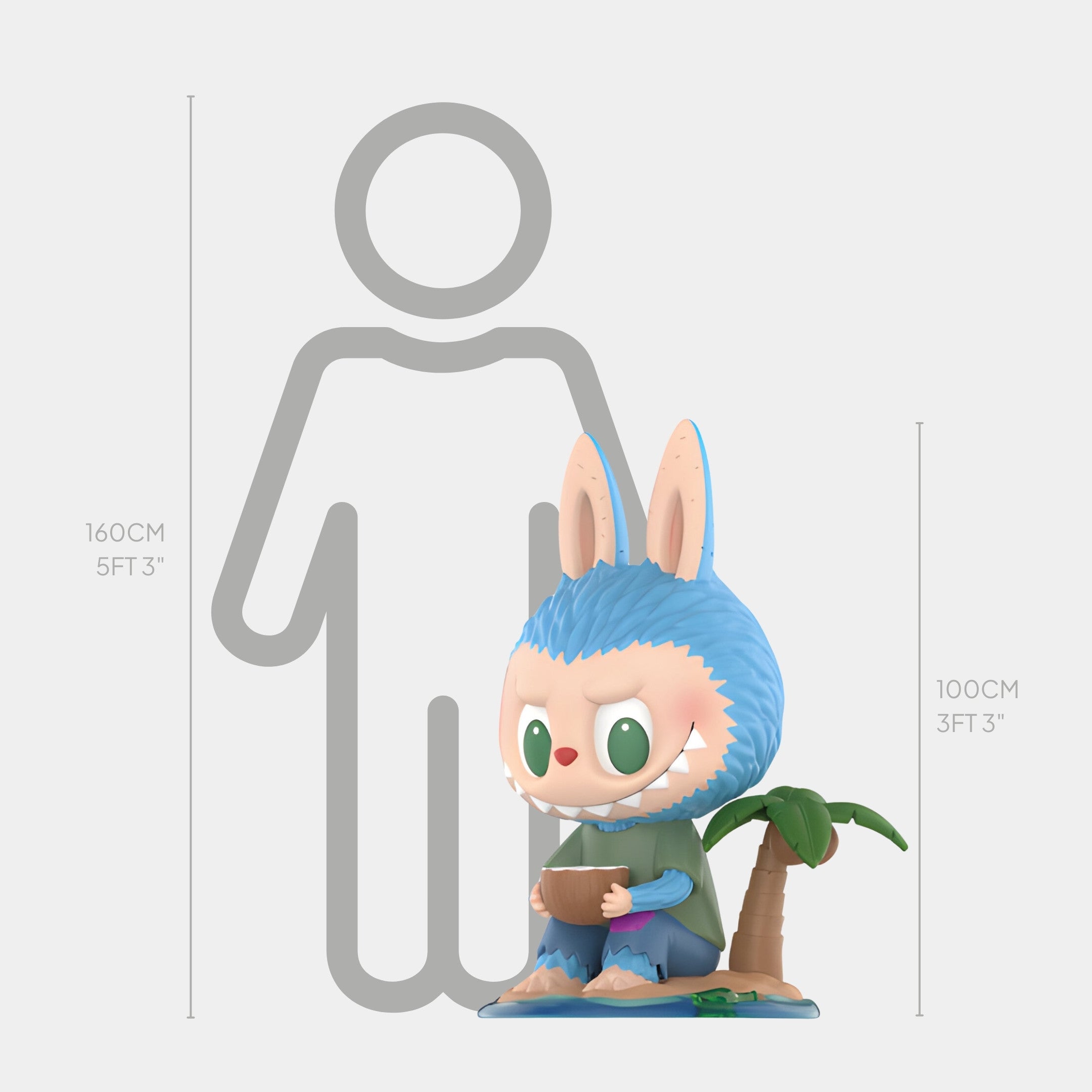 The Giant Sculptures Coconut Fruit Labubu Sculpture - 100cm shows a blue bunny-eared figure with big green eyes under a palm tree, holding a coconut, displayed next to a gray 160cm outline for scale.