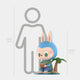 The Giant Sculptures Coconut Fruit Labubu Sculpture - 100cm shows a blue bunny-eared figure with big green eyes under a palm tree, holding a coconut, displayed next to a gray 160cm outline for scale.