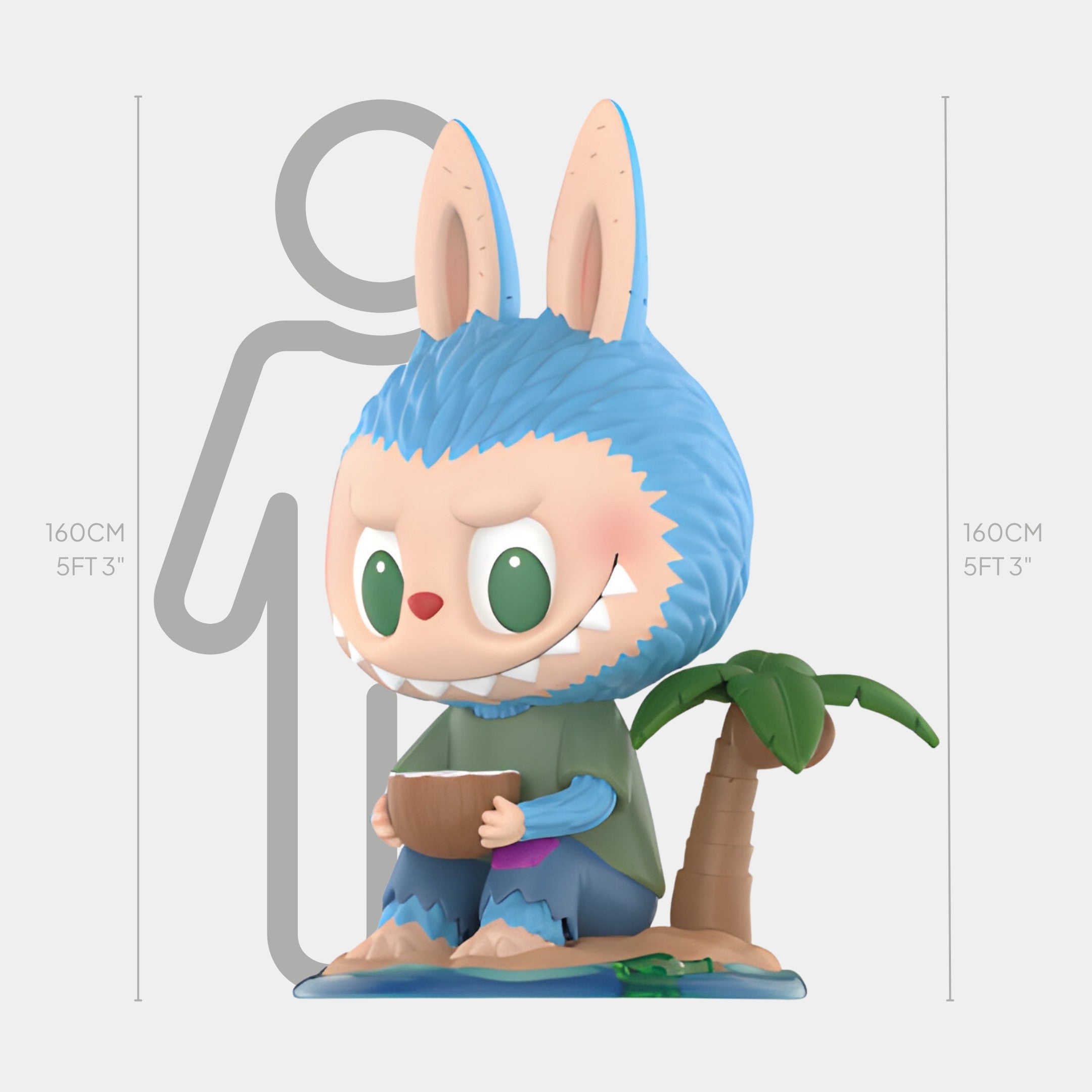 The Coconut Fruit Labubu Sculpture - 160cm by Giant Sculptures features a blue-eared, cartoon animal holding a bowl beside a mini palm tree, standing 160cm tall with a human silhouette for scale—a true tropical delight.