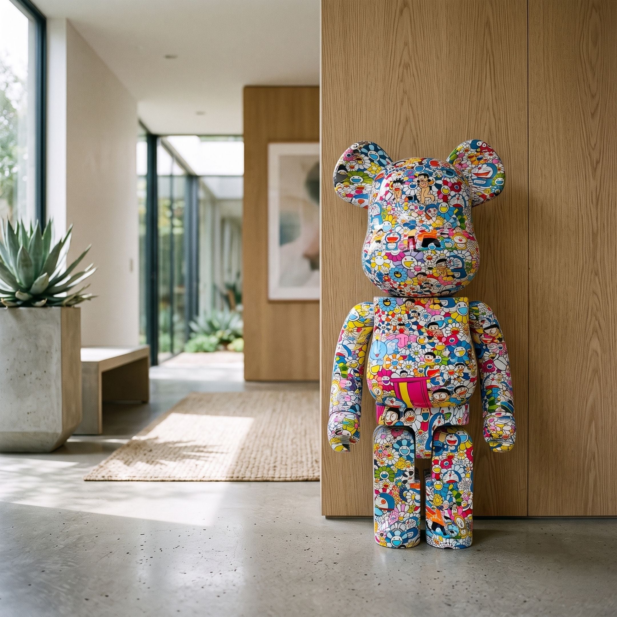 Collage Carnival Bear Sculpture - 70cm by Giant Sculptures, a multicoloured pop-art bear covered in cartoon collage motifs, standing in a wood-panelled entryway.