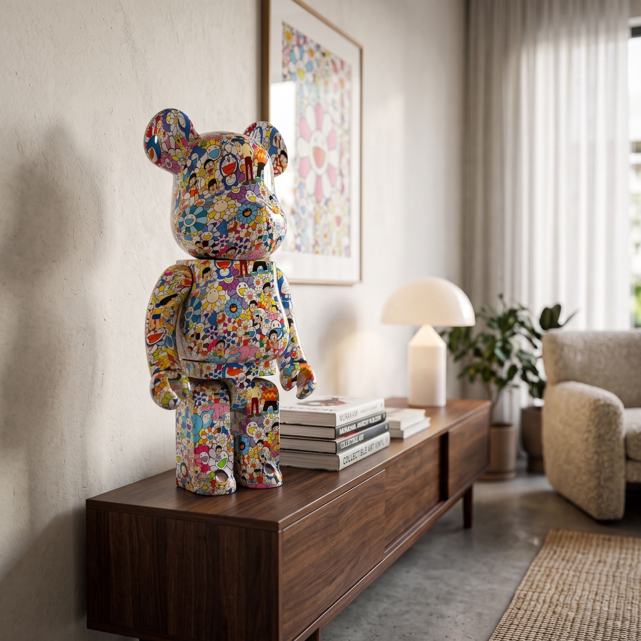 Comic Wonder Bear Sculpture - 70cm, a multicoloured pop-art bear figure covered in cartoon and floral motifs, displayed on a wooden sideboard in a living room.