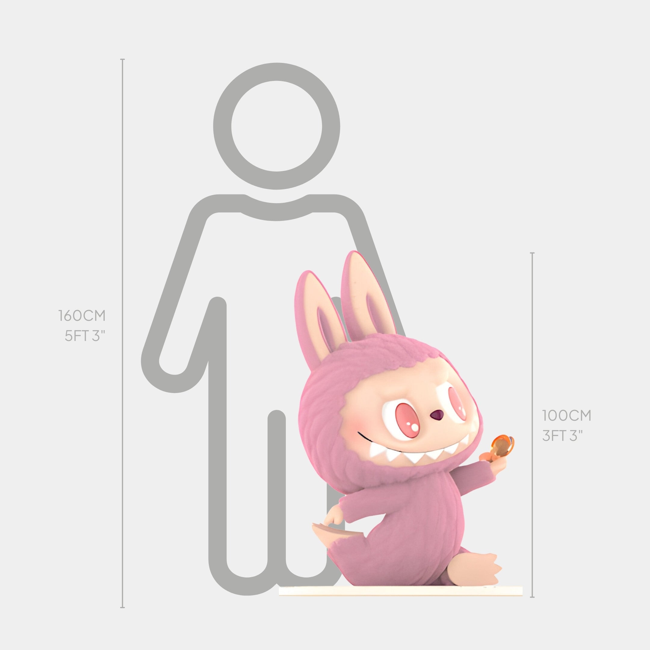 The Giant Sculptures Lazy Yoga Confident Labubu Sculpture is a 100cm pink, bunny-like fibreglass figure with a wide grin and lollipop, shown next to a 160cm human silhouette for scale.