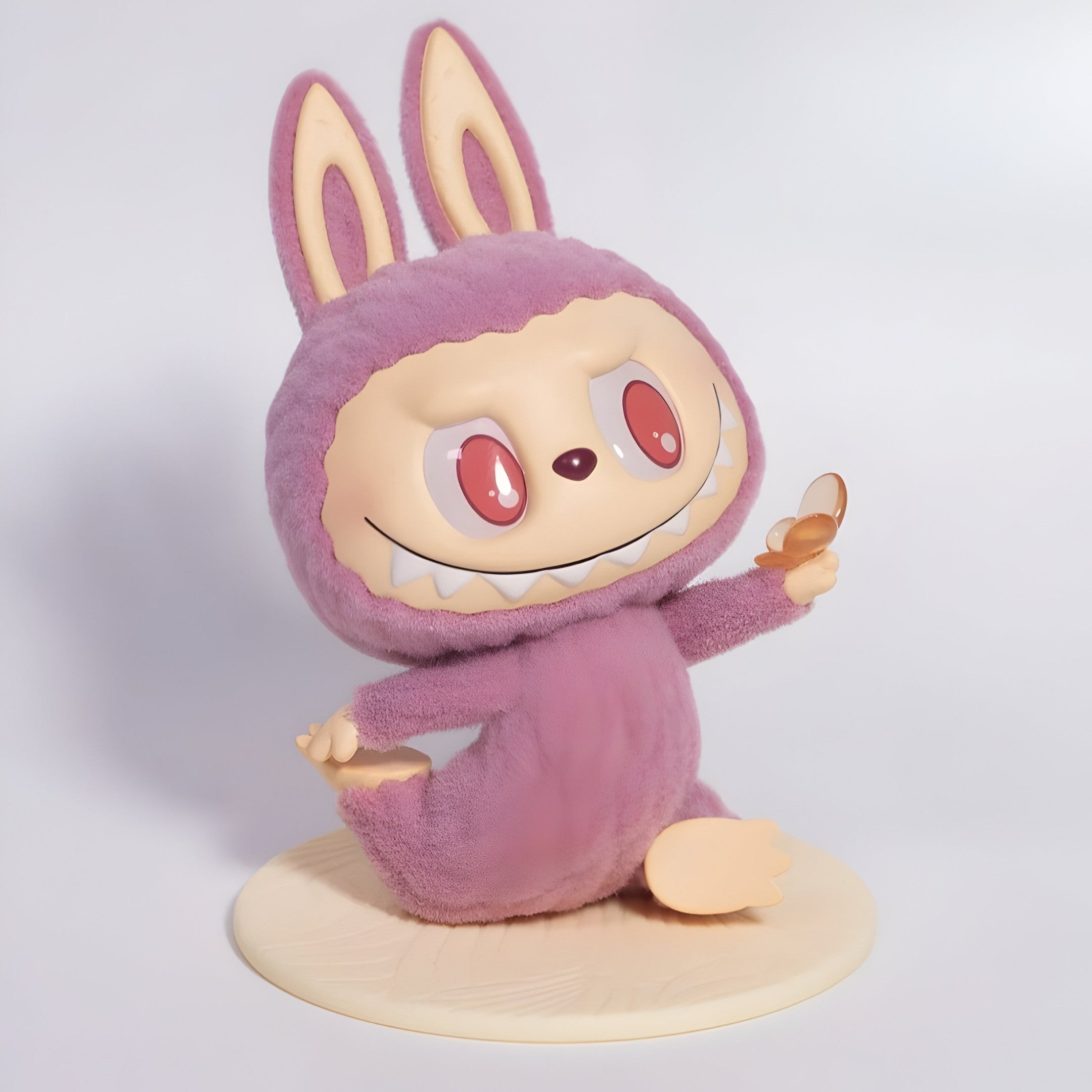 The Lazy Yoga Confident Labubu Sculpture by Giant Sculptures is a 100cm fibreglass figure with large red eyes, pale skin, a wide grin, and a fuzzy purple bunny suit, holding a translucent object on a cream-colored round base.