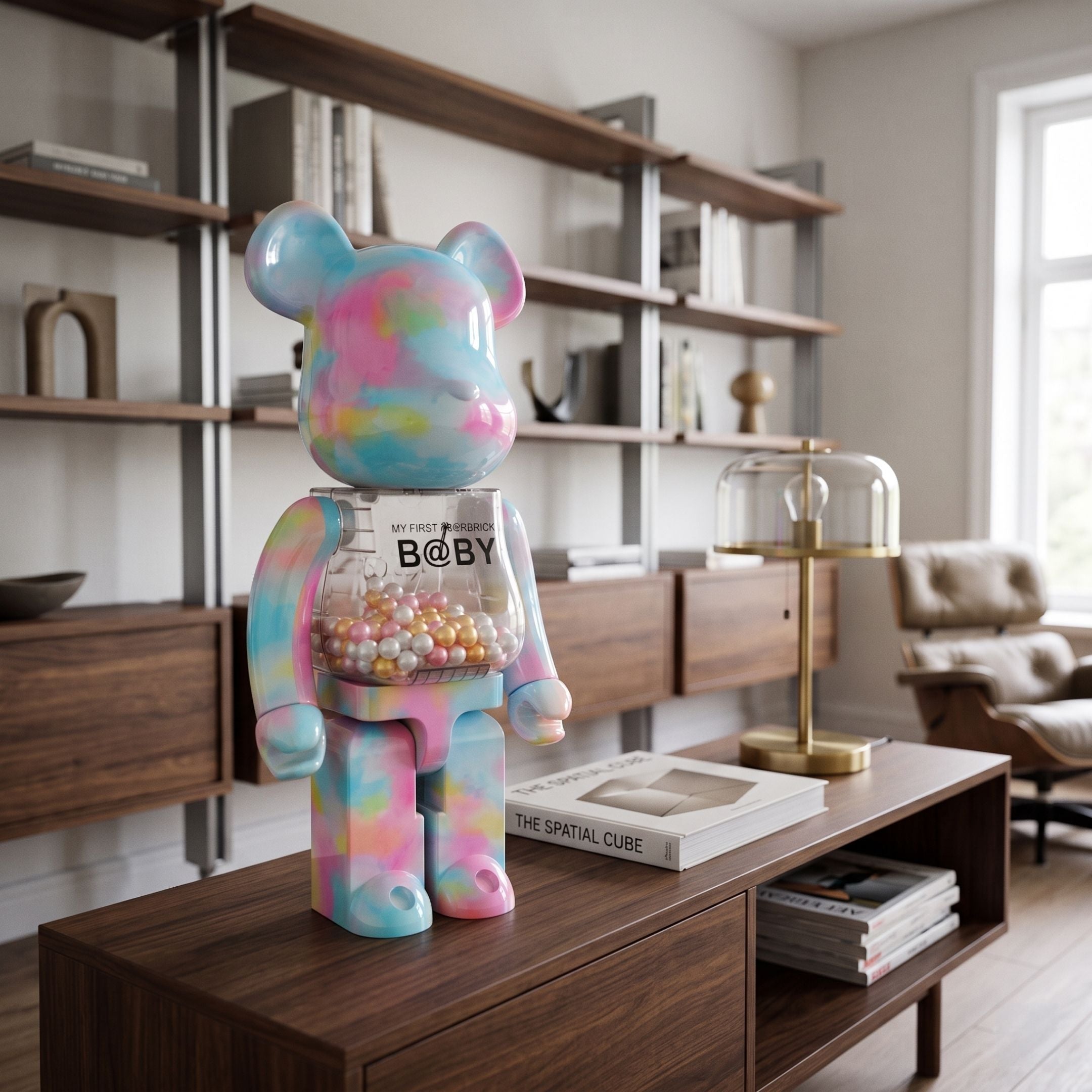 Cotton Cloud Beads Bear Sculpture, 70cm, in pastel tie-dye blue and pink with bead-filled clear chest, displayed on a wooden cabinet in a living room with shelving.