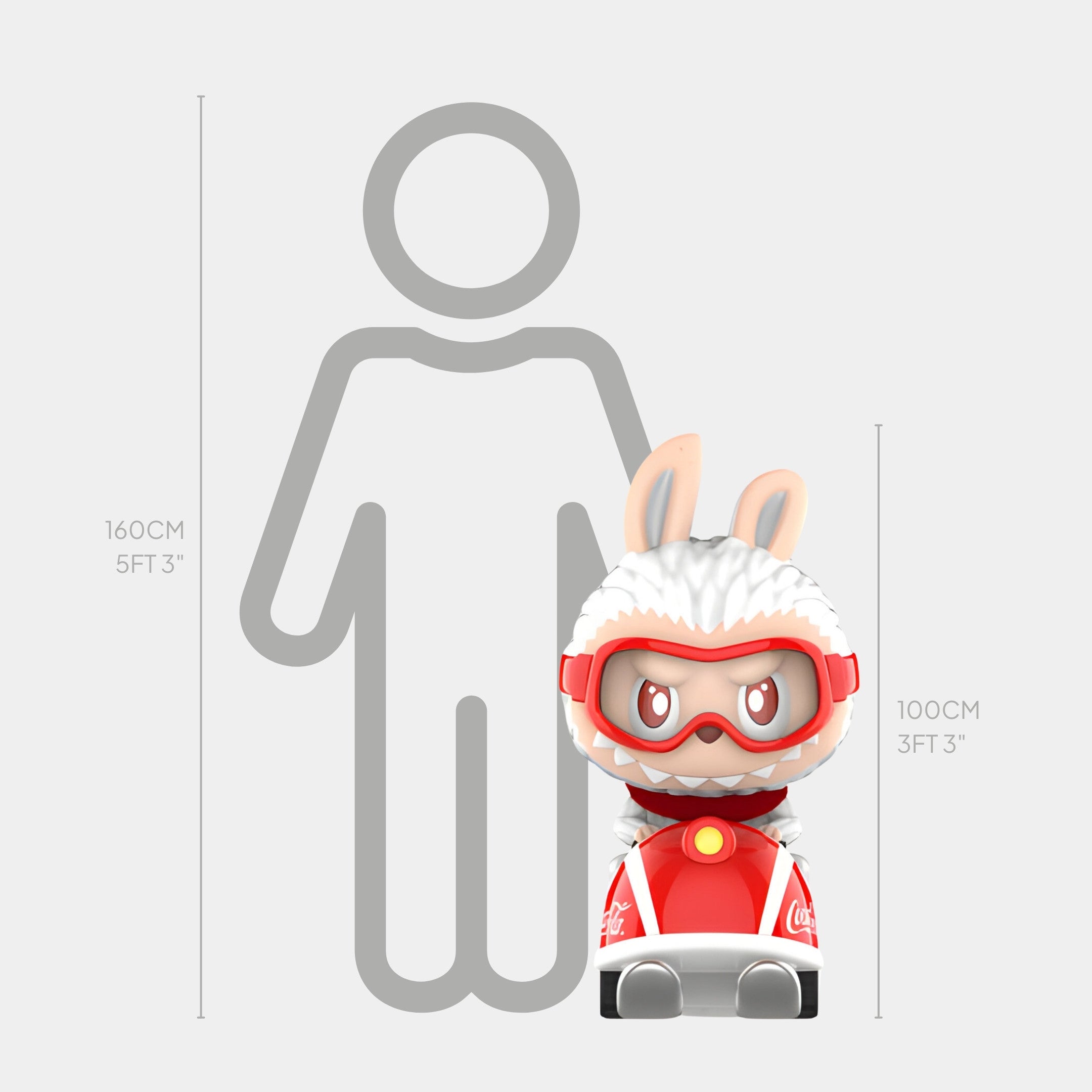 The Crazy Ride Coca-Cola Labubu Sculpture by Giant Sculptures stands 100cm tall, depicted in a red racing suit and helmet beside a size chart and a 160cm human silhouette—an eye-catching pop culture display.