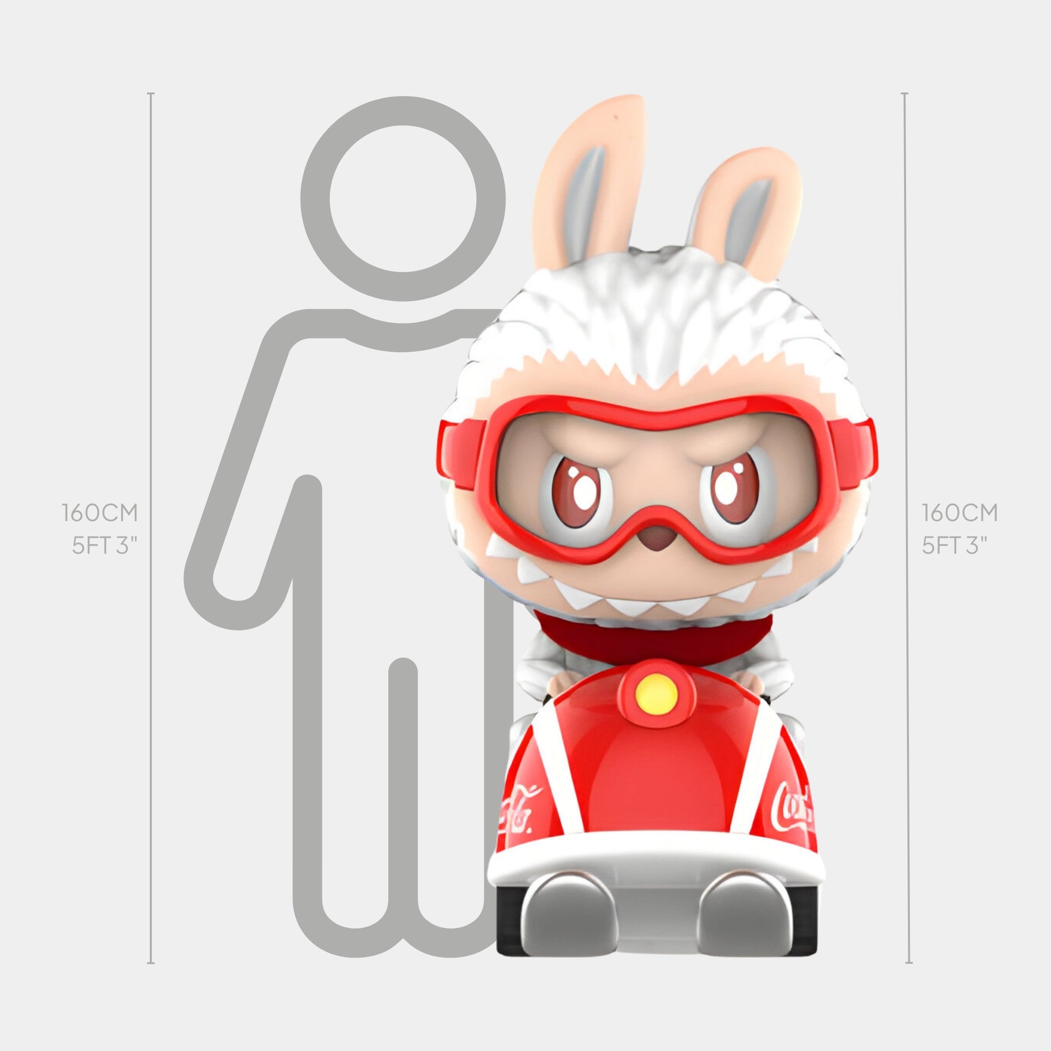 The Crazy Ride Coca-Cola Labubu Sculpture - 160cm by Giant Sculptures features Labubu in a bunny costume with red goggles and racing suit, standing before a height chart matching the illustrated 160cm (5ft 3in) figure behind it.