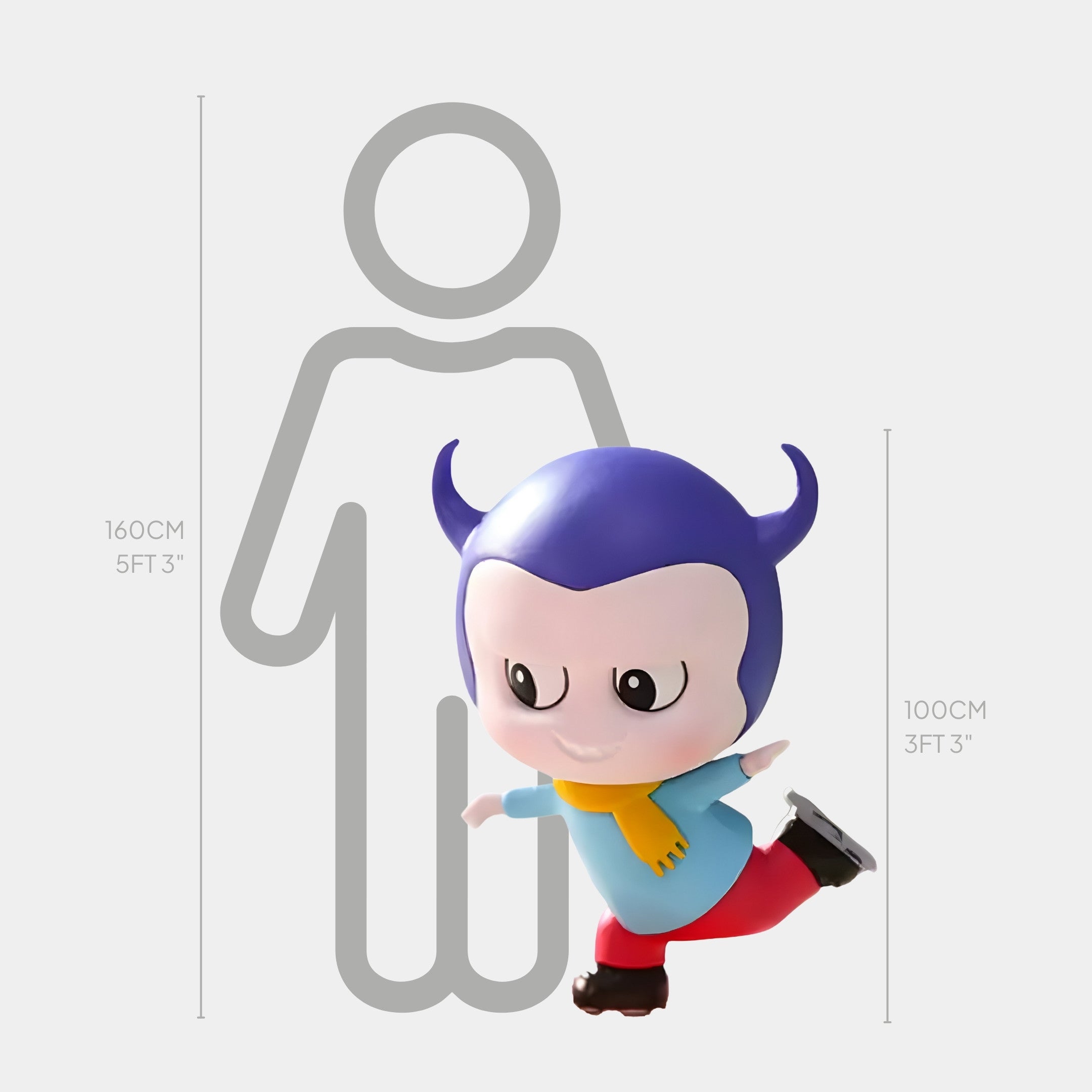 The Sweet Mischief Jelly Skater Labubu Sculpture by Giant Sculptures is a 100cm-tall fibreglass figure with purple horns, a yellow scarf, and red pants—ideal for adding playful character to contemporary interiors.