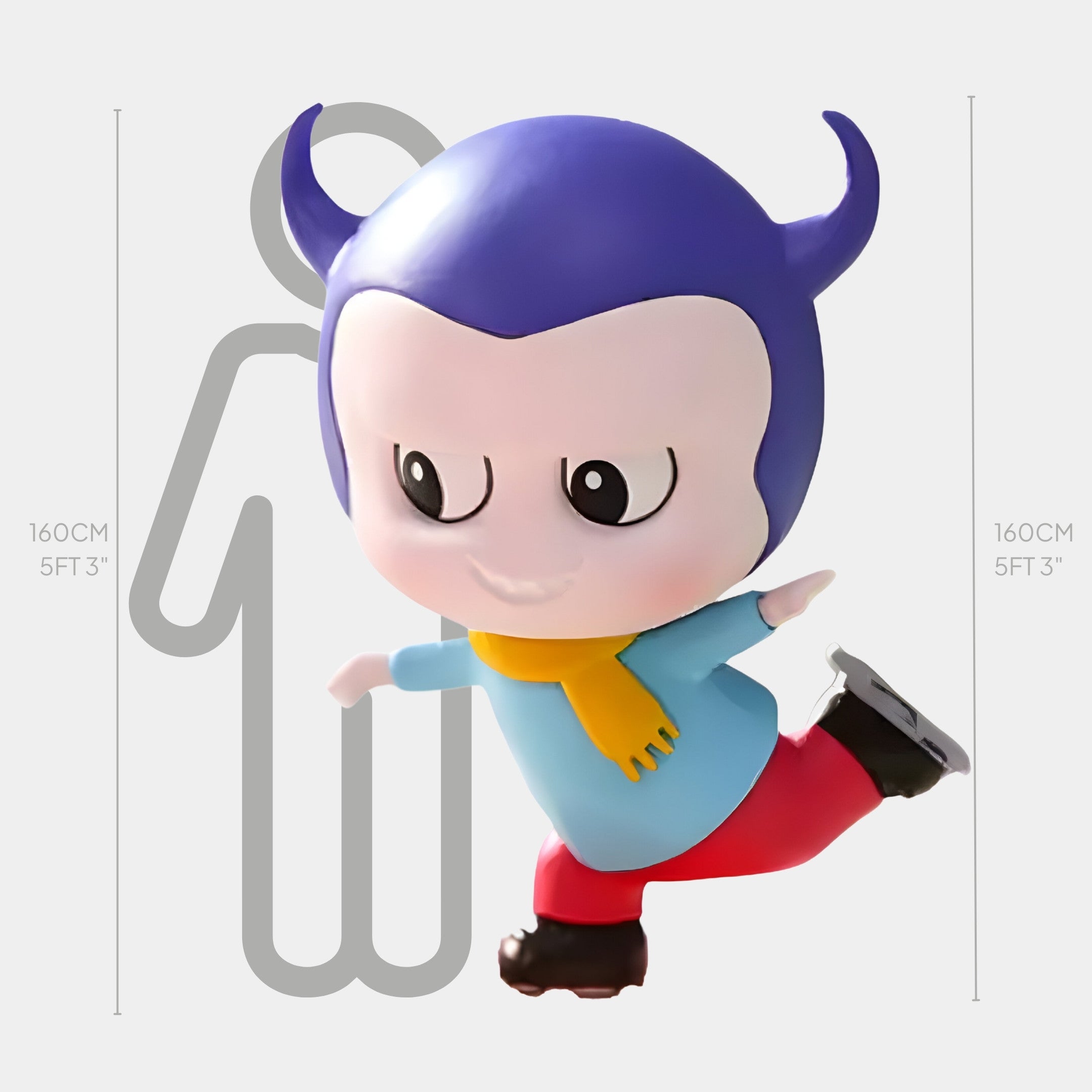 The Sweet Mischief Jelly Skater Labubu Sculpture by Giant Sculptures features a playful figurine with purple horn-like hair, blue shirt, yellow scarf, red pants, and black boots. This durable fibreglass piece stands 160cm tall.