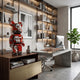 Crimson Skull Bear Sculpture (70cm) with red, black and white skull-motif design displayed on a wooden sideboard in a modern home office.