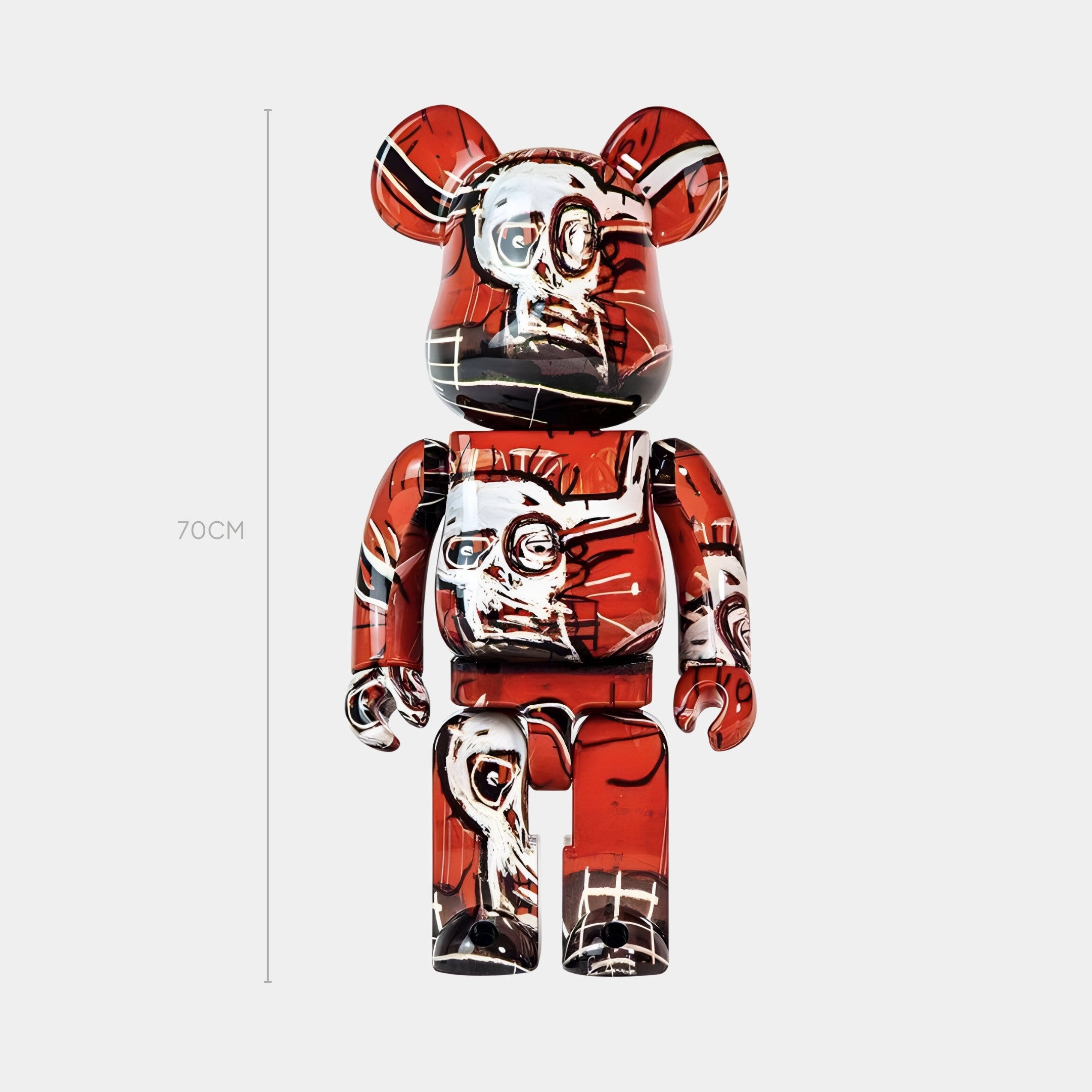 The Crimson Skull Bear Sculpture - 70cm by Giant Sculptures features a red, black, and white expressionist face design on a bear form, set against a plain white background.