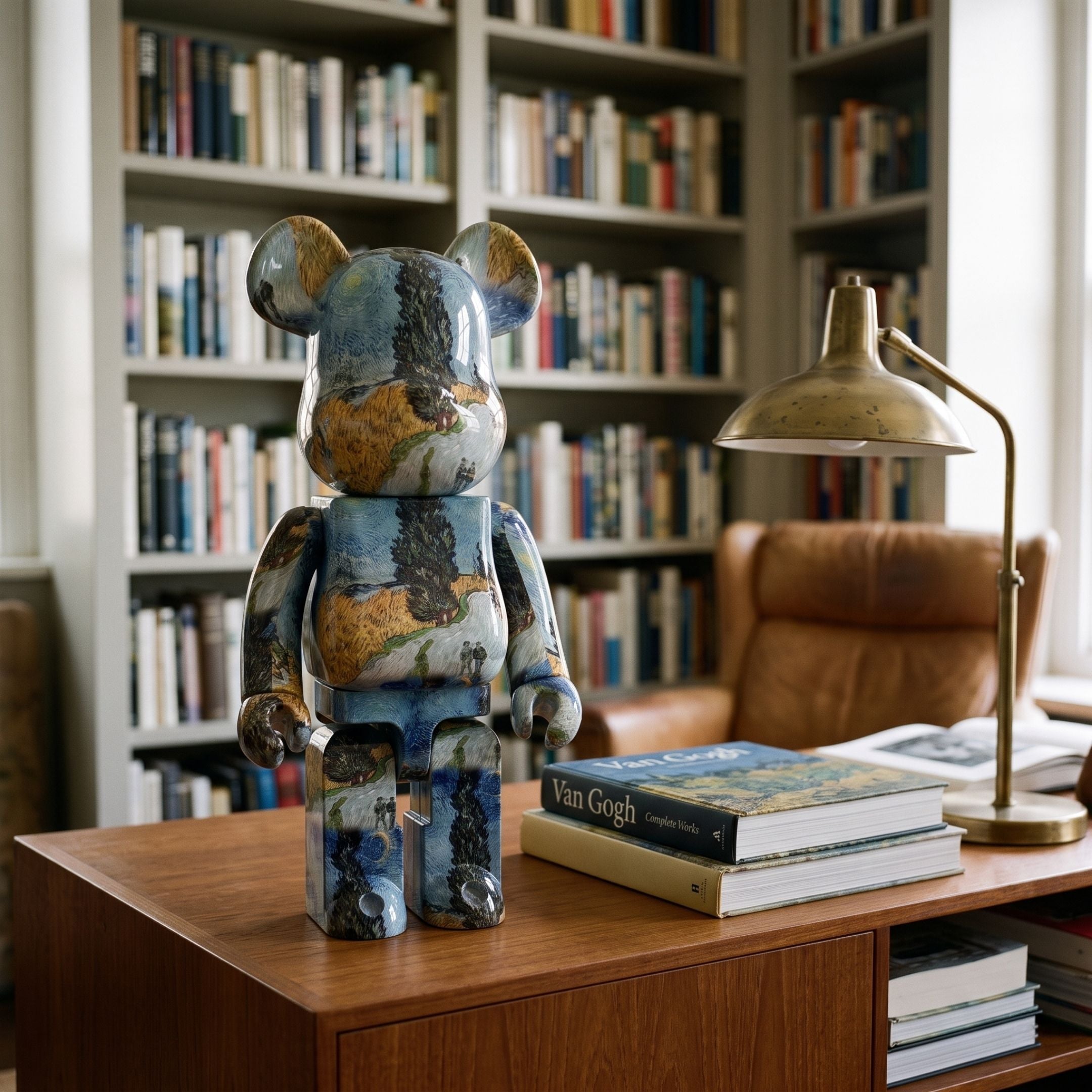 Cypress Vista Bear Sculpture - 70cm, glossy hand-painted landscape finish in blue and brown tones, displayed on a wooden desk in a library setting with bookshelves and a brass lamp.