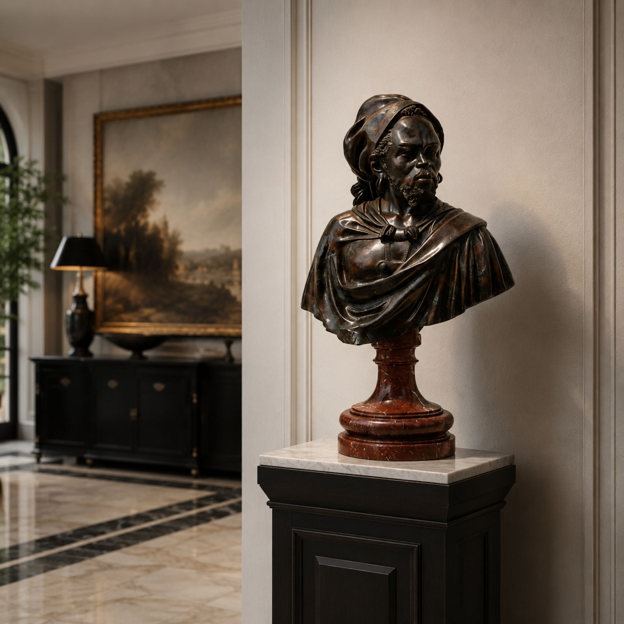 Classical Bearded Man Bust Bronze Bust, 75cm, on a rouge marble pedestal atop a black plinth in an entryway with a landscape painting and dark sideboard nearby.