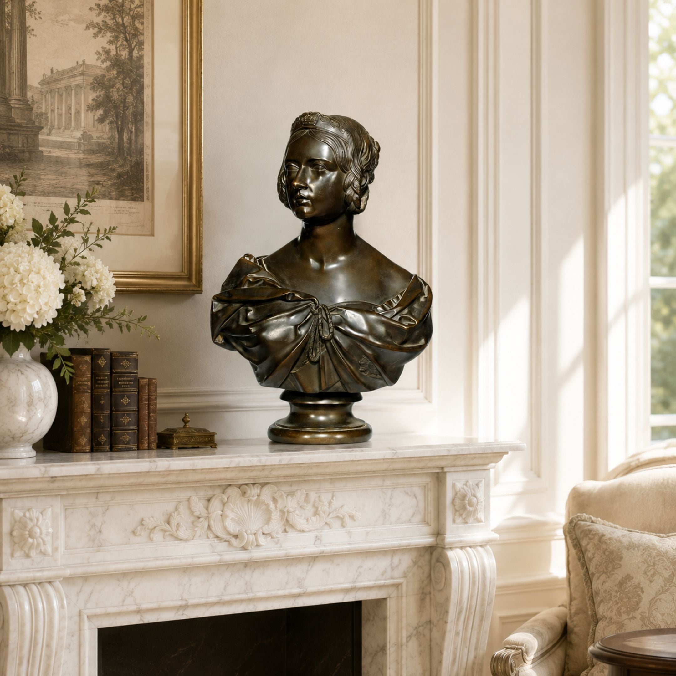 Classical Crowned Female Bust Bronze Bust, 80cm, on a marble mantel with draped robe and braided hairstyle, beside books and white hydrangeas.