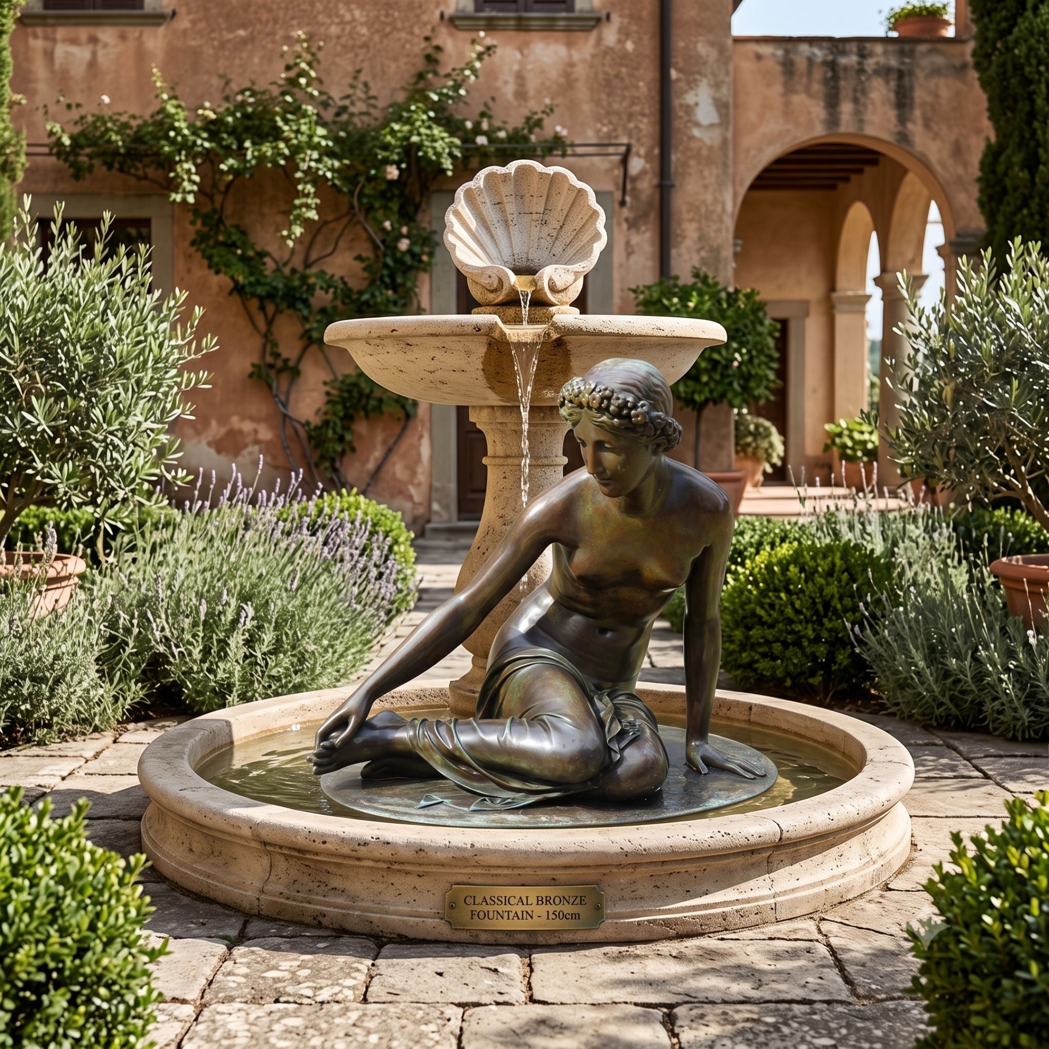 Classical Semi-Reclined Nude Female Bronze Fountain Sculpture by Giant Sculptures, seated in a stone basin with shell-topped tier, set in a Tuscan courtyard garden.