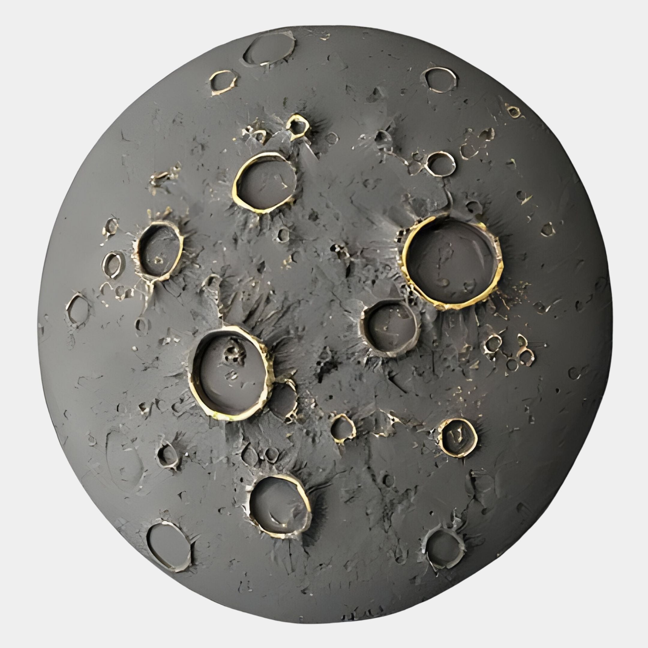 The Dark Grey 3D Lunar Impact Moon Relief Wall Art by Giant Sculptures features a cratered, moon-like surface—an eye-catching piece against any plain white background.