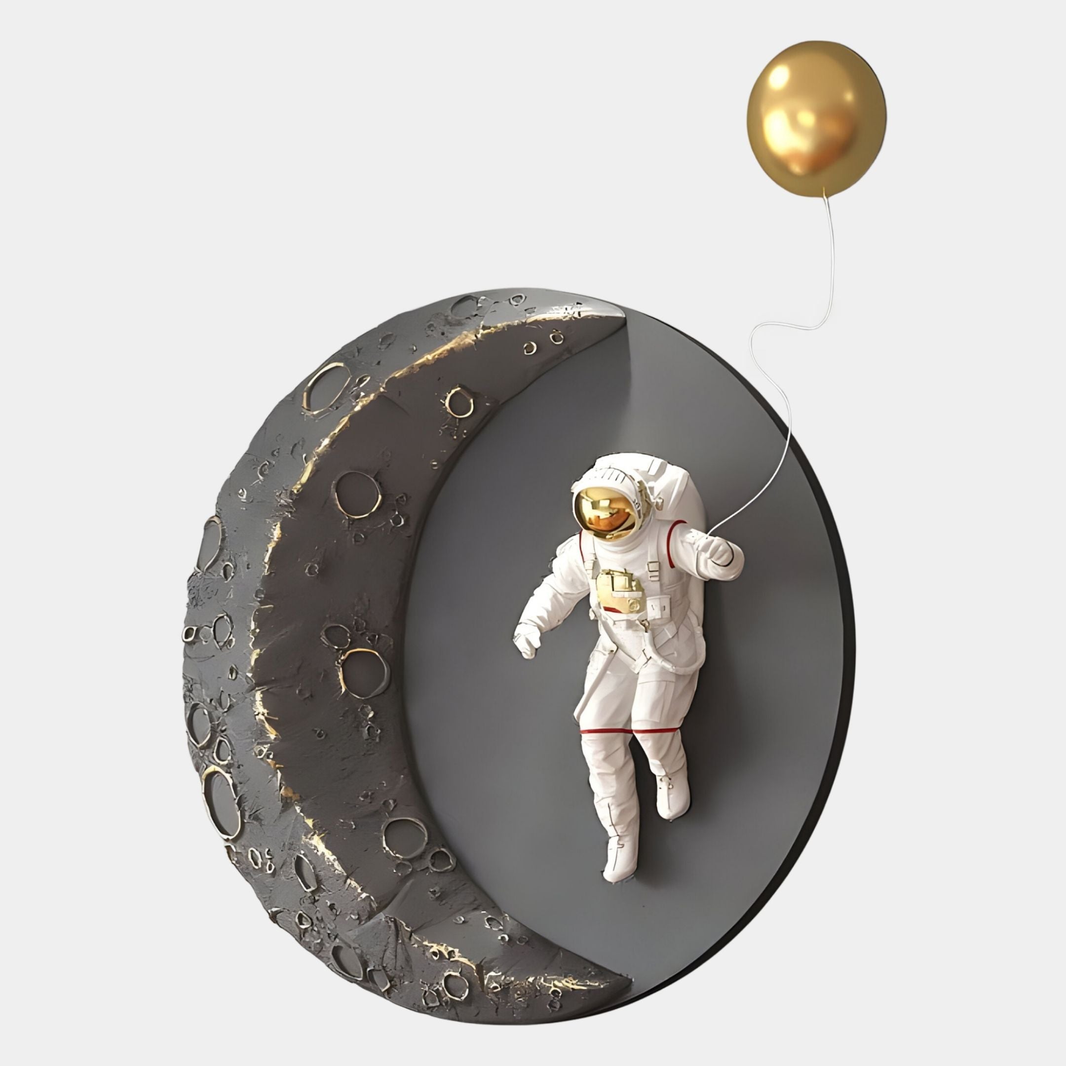 The Grey & Gold 3D Lunar Balloon Astronaut Wall Art by Giant Sculptures features an astronaut with a gold balloon beside a textured moon, set against a dark circular background—an eye-catching celestial accent for any space.