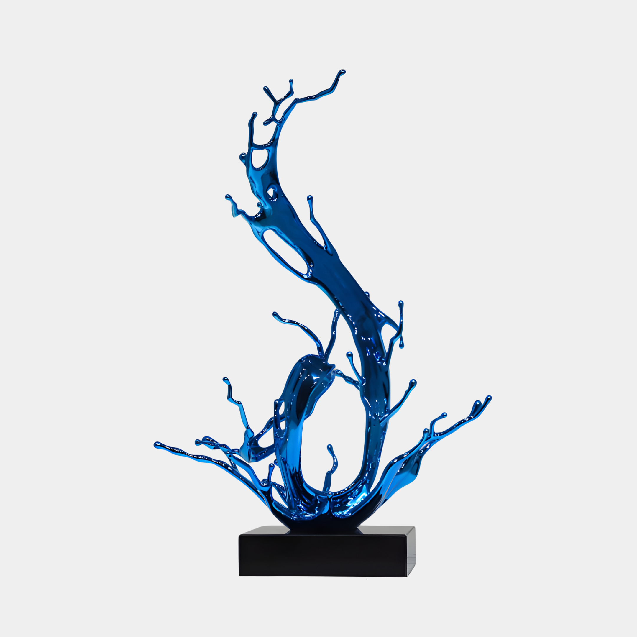 Blue Abstract Water Splash on Black Base Sculpture by Giant Sculptures, glossy electroplated resin in upward splashing form on a rectangular black base.