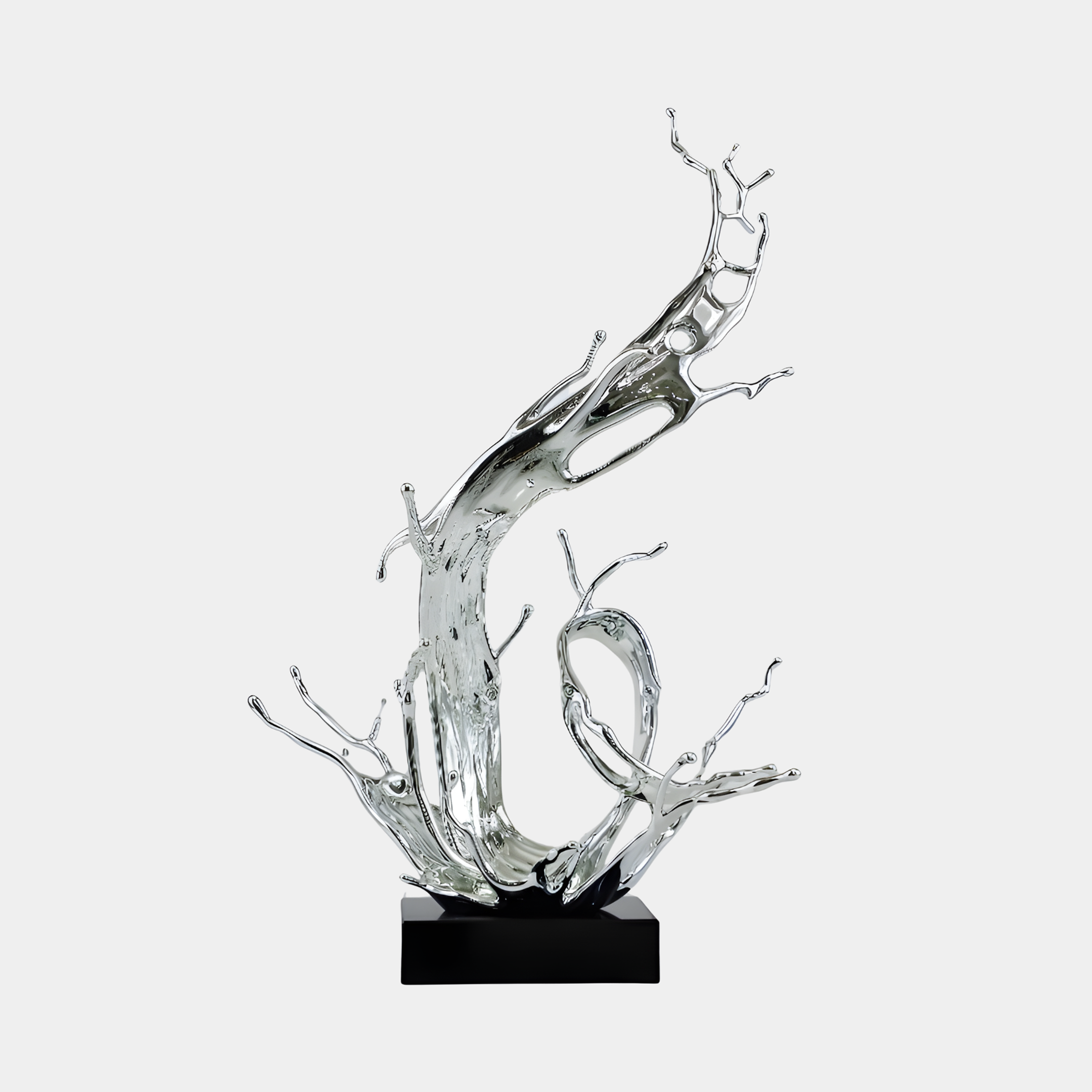 Giant Sculptures Silver Mirror-Polished Water Splash Sculpture 86cm, electroplated resin form leaping upward with branching droplets, on a black base against a light background.