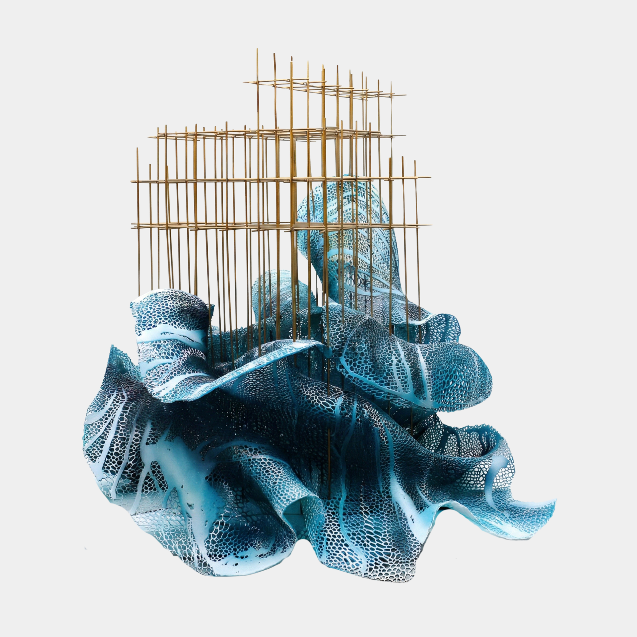 Giant Sculptures Teal Mesh Ocean Wave Large Sculpture in 3D-printed blue lattice resin curling beneath a gold metal grid framework, shown on a white background.