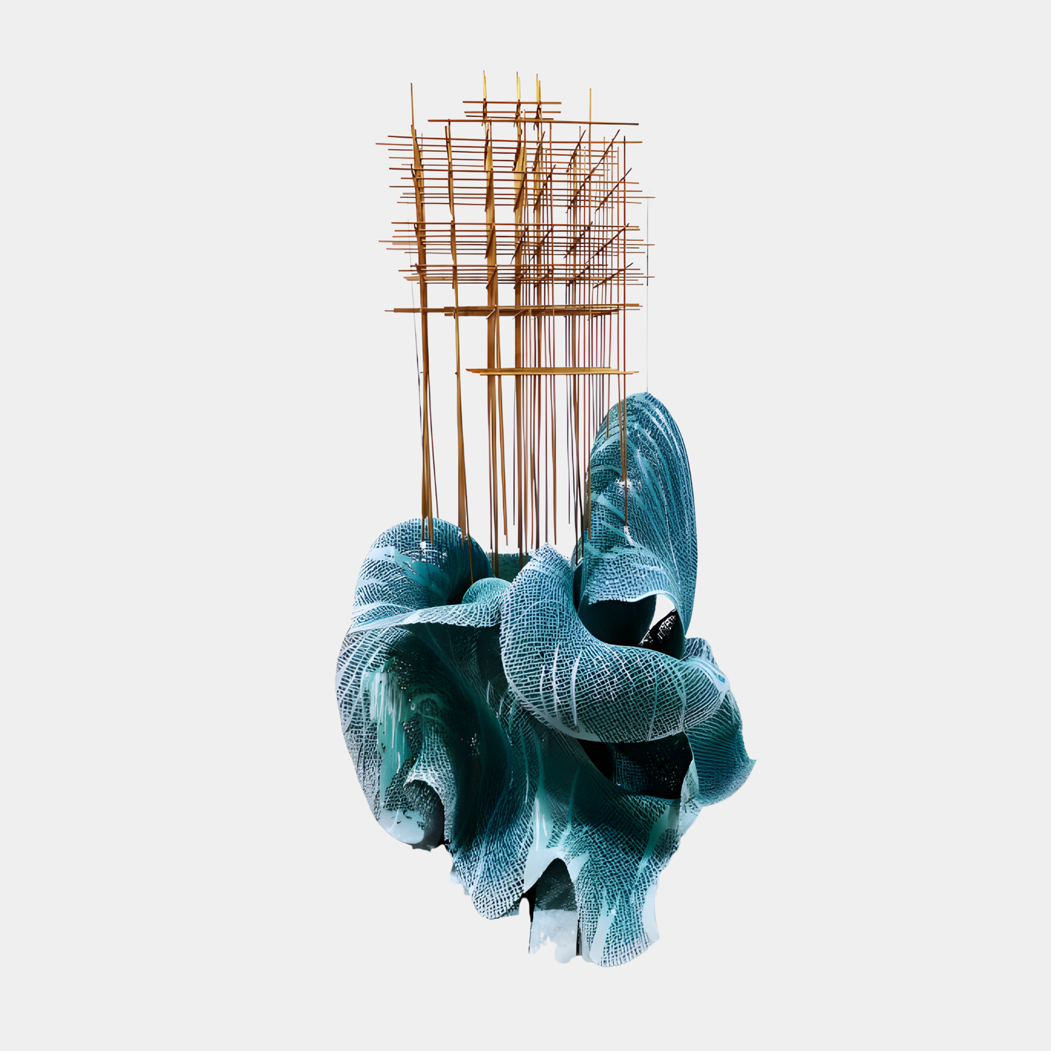 Giant Sculptures Teal Mesh Ocean Wave Sculpture 190cm in 3D-printed resin, with a lattice-like cresting wave beneath tall gold rods, on a plain background.