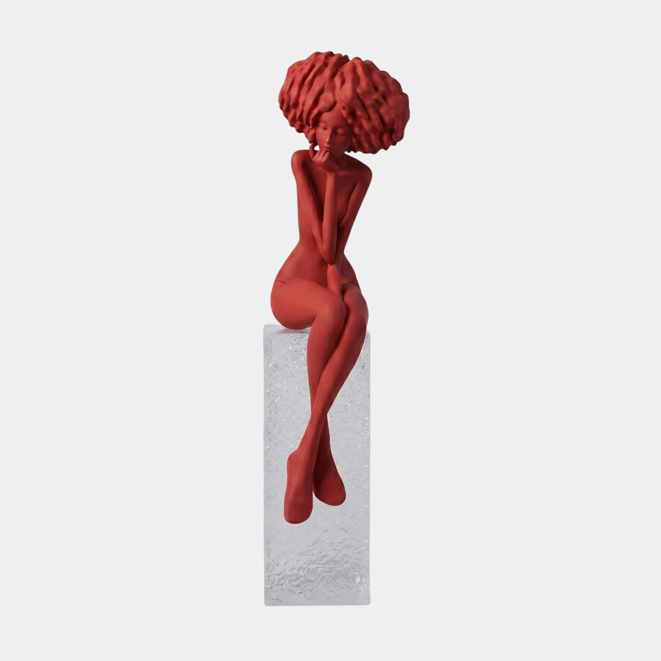 Red Seated Female Figure with Curled Hair Sculpture by Giant Sculptures, matte resin nude in a thoughtful pose on a clear textured plinth, 145cm.