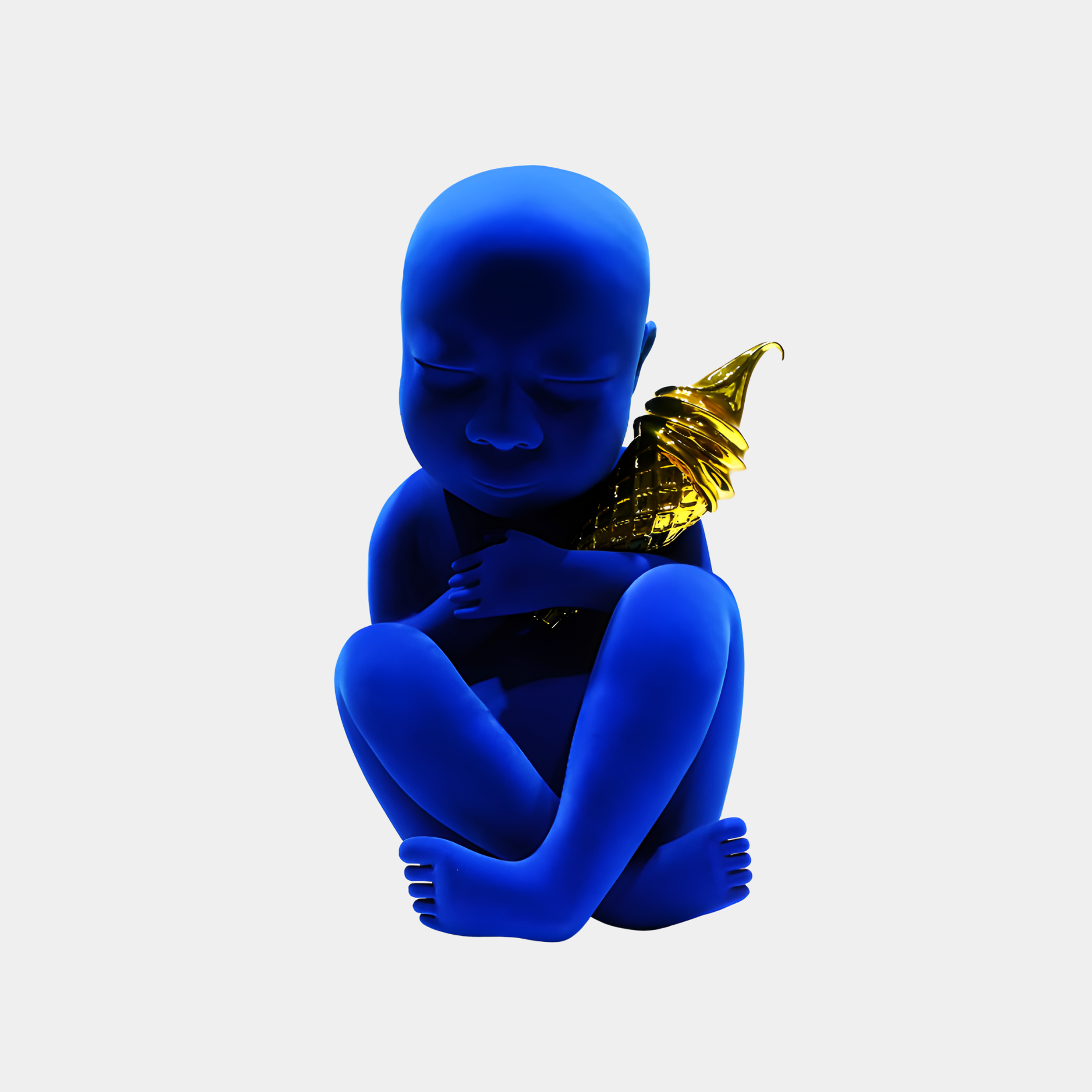 Giant Sculptures Blue Seated Monk with Gold Ice Cream 55cm sculpture in glossy blue fibreglass, eyes closed, cradling a golden cone against a light background.