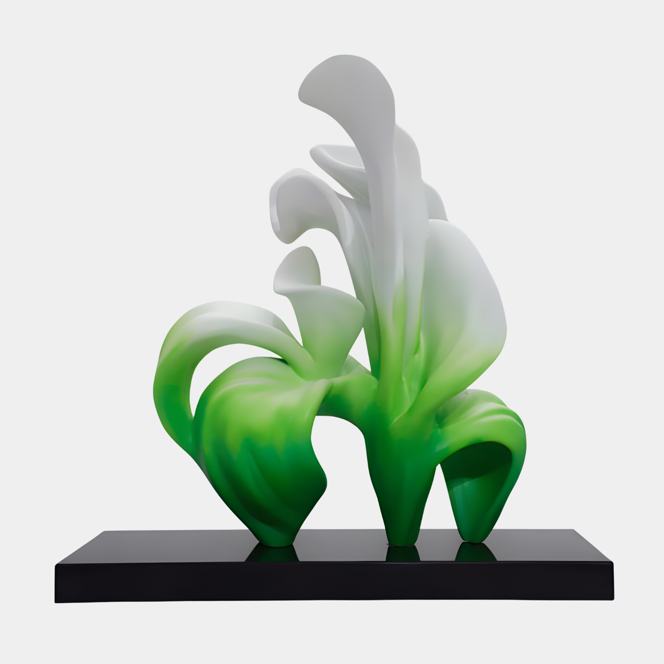 Giant Sculptures Green & White Abstract Flowing Petal Form Sculpture in 3D-printed resin, rising on a black marble base against a plain light background.