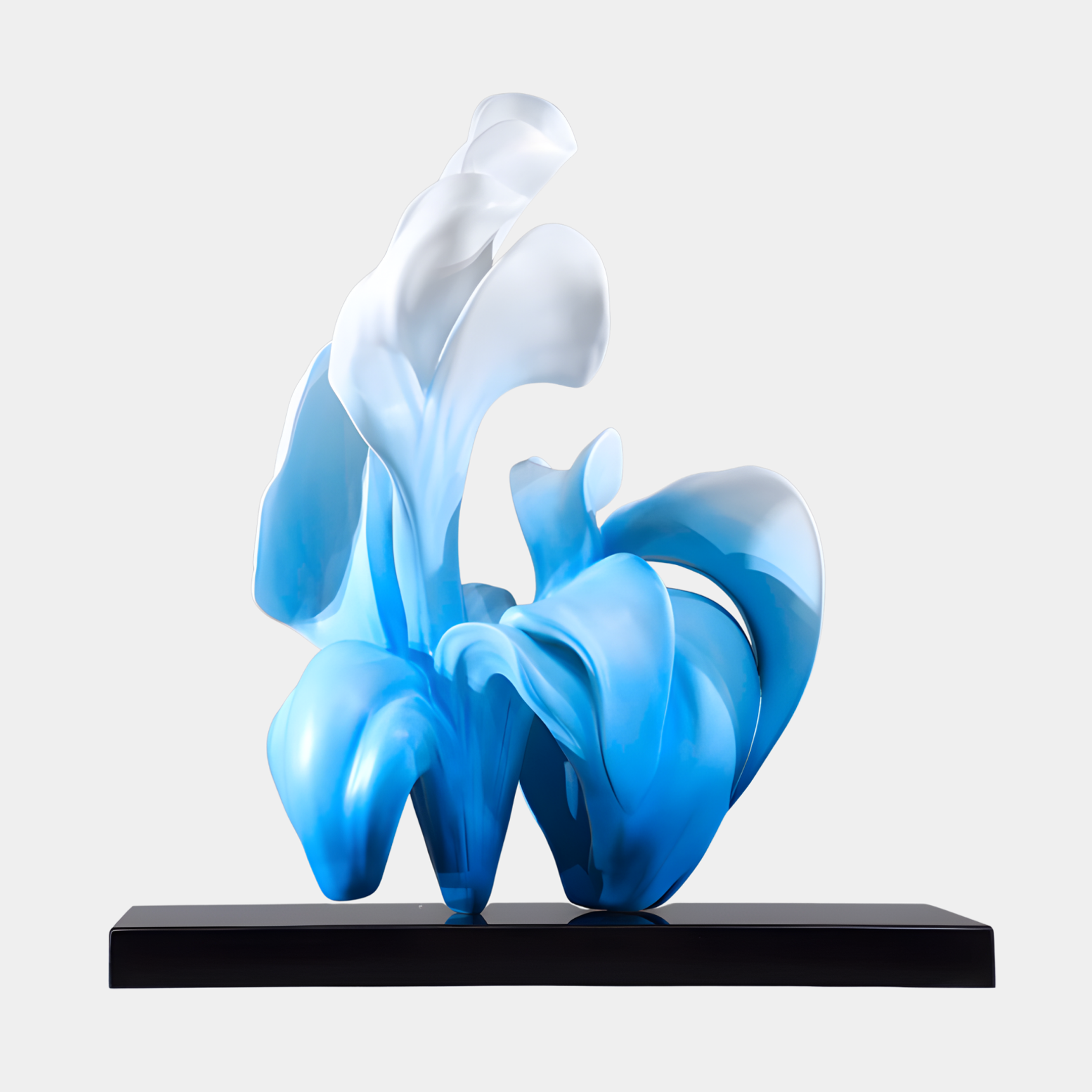 Giant Sculptures Blue Abstract Flowing Petal Form Sculpture 59cm in 3D-printed resin with a blue-to-white gradient on a black marble base.