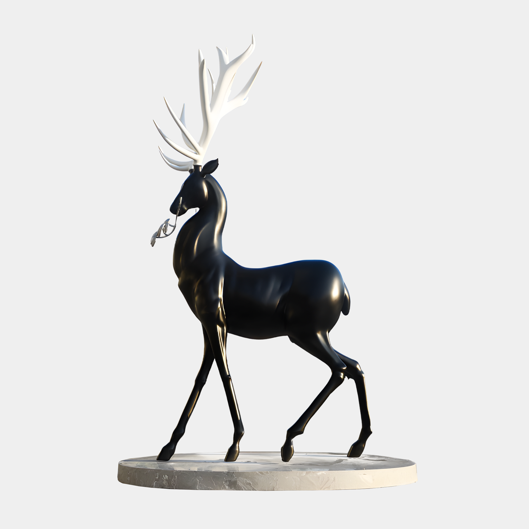 Giant Sculptures Black Standing Deer with White Antlers Sculpture 160cm, glossy black stag mid-stride with branching white antlers on a marble base.