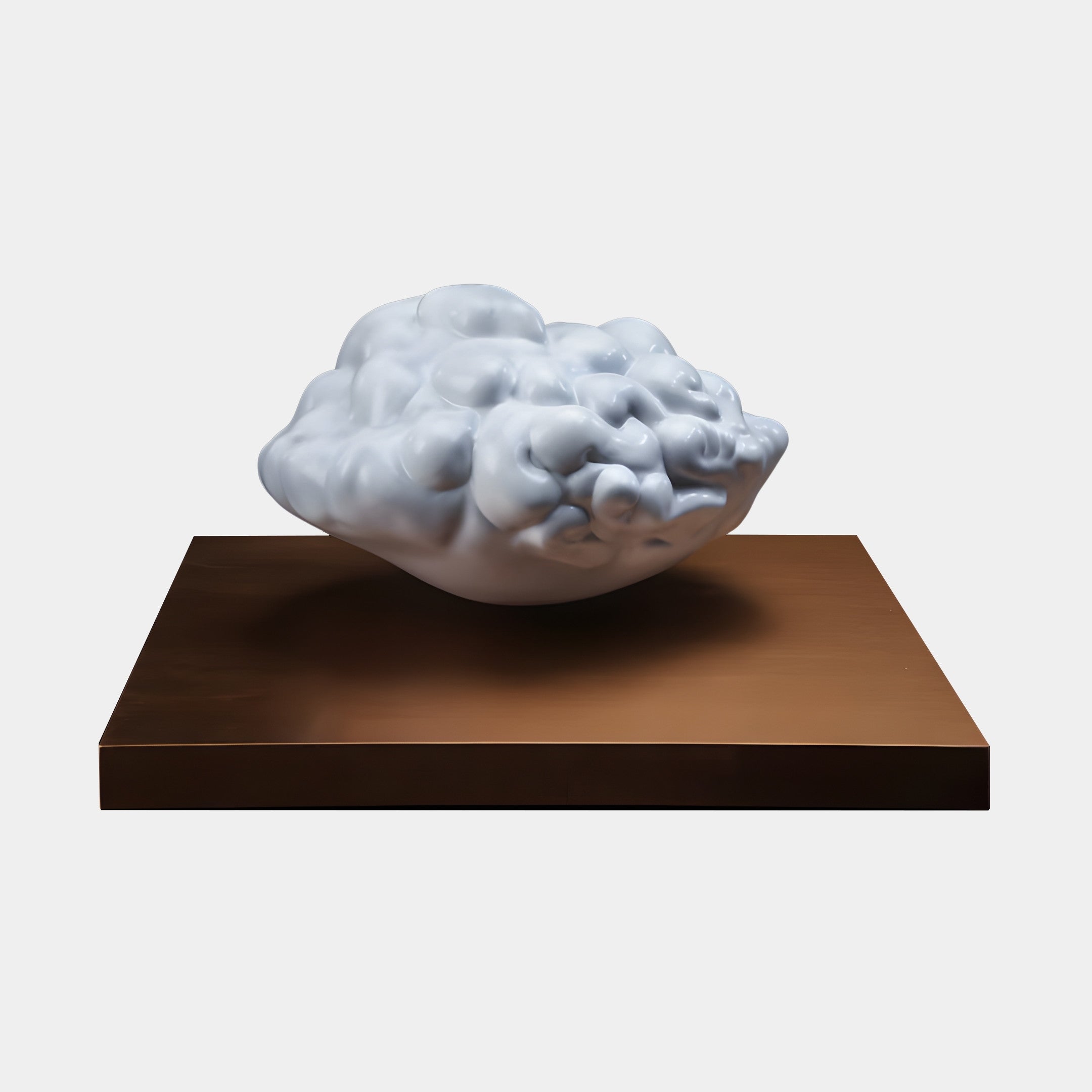 White Abstract Cloud Form sculpture by Giant Sculptures, 45cm, with smooth billowing 3D-printed resin curves resting on a bronze-toned metal base against a white background.