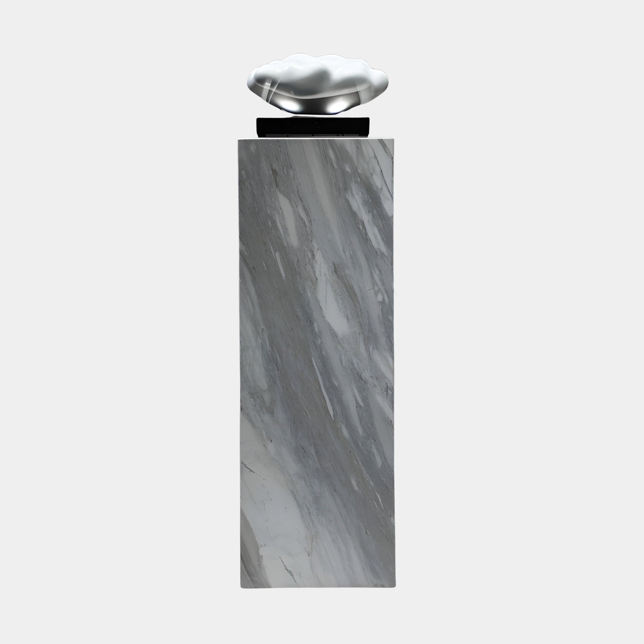 Giant Sculptures Grey Marble Column with Cloud Sculpture 130cm, featuring a chrome 3D-printed resin cloud on a tall veined grey marble plinth.
