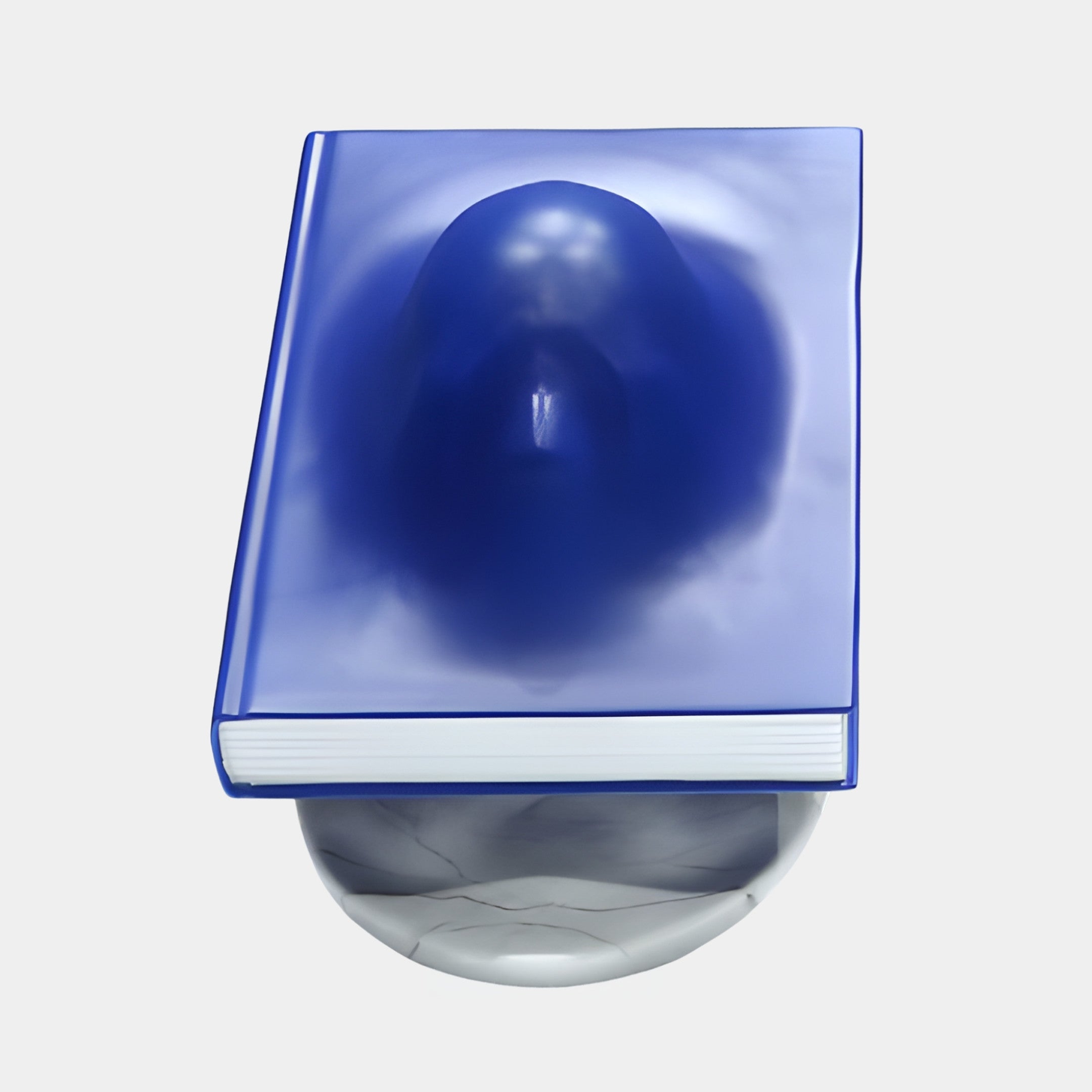 Giant Sculptures Blue Veiled Face Book on Marble Sphere Sculpture 45cm, glossy blue book with an emerging face on a polished marble orb, plain background.