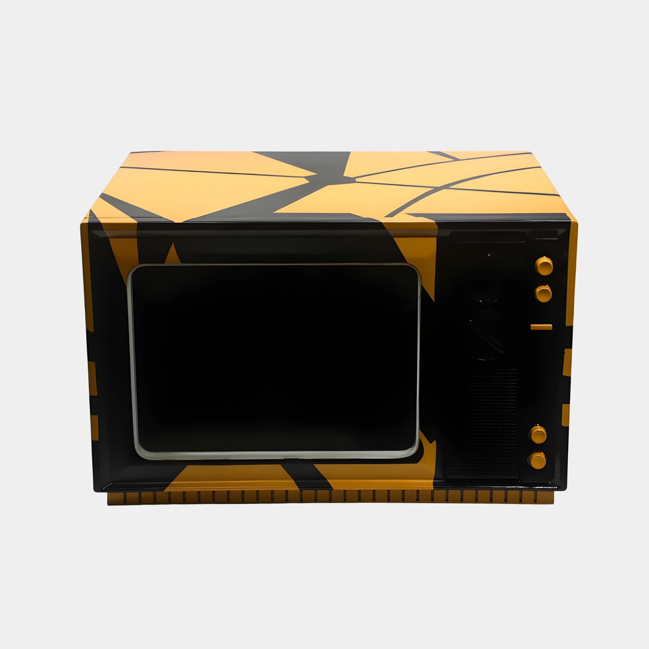 Giant Sculptures Yellow Retro Television Sculpture 80cm in glossy yellow resin with a black shattered-glass pattern and dials, shown front-on against a white background.