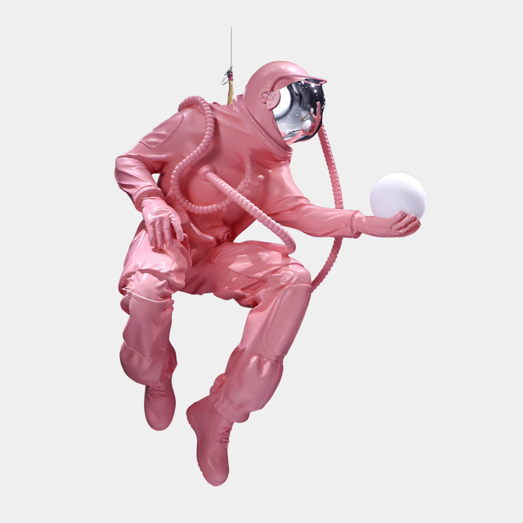 Giant Sculptures Pink Astronaut Floating with Moon 150cm sculpture in glossy pink 3D-printed resin with chrome visor, suspended mid-float cradling a white orb.
