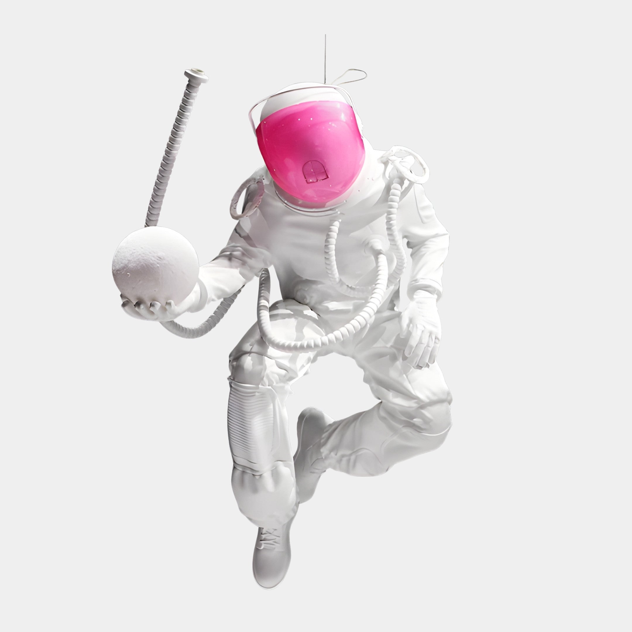 Giant Sculptures White Astronaut Swinging on Moon Sculpture 150cm in glossy white resin with a pink visor, holding a small moon mid-swing on a plain background.