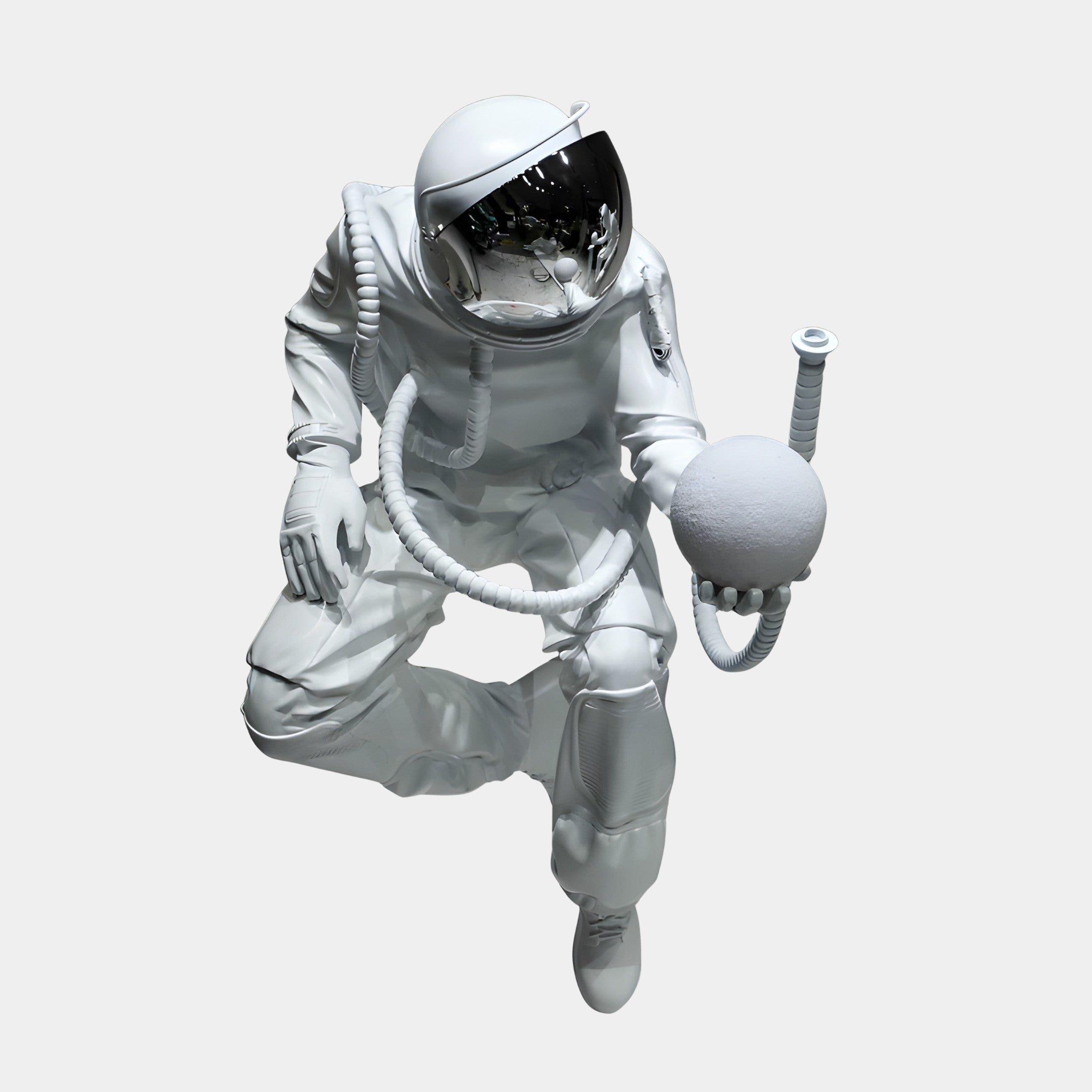 Giant Sculptures' 150cm White & Silver Astronaut Swinging on Moon sculpture in glossy white resin with a mirror-chrome visor, cradling a grey moon against a pale background.