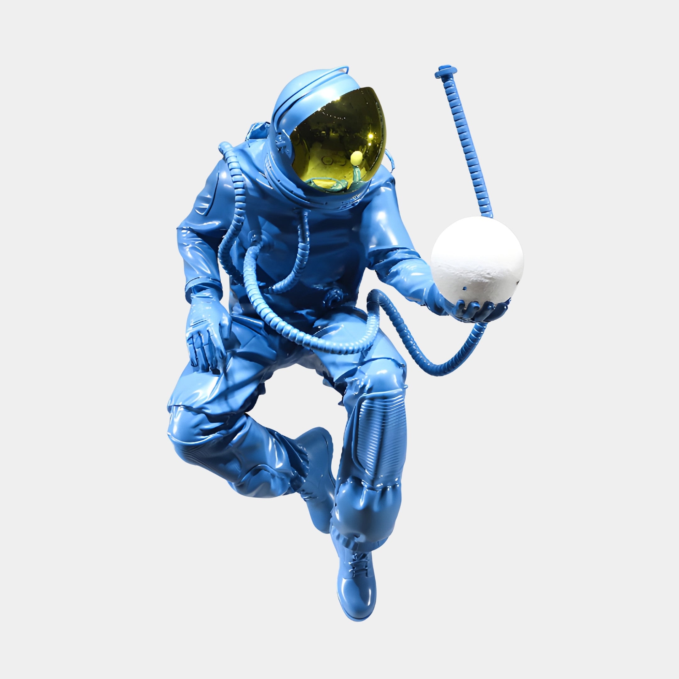 Giant Sculptures Blue Metallic Astronaut with Globe Sculpture 95cm in glossy blue 3D-printed resin with gold visor, cradling a white orb, on plain background.
