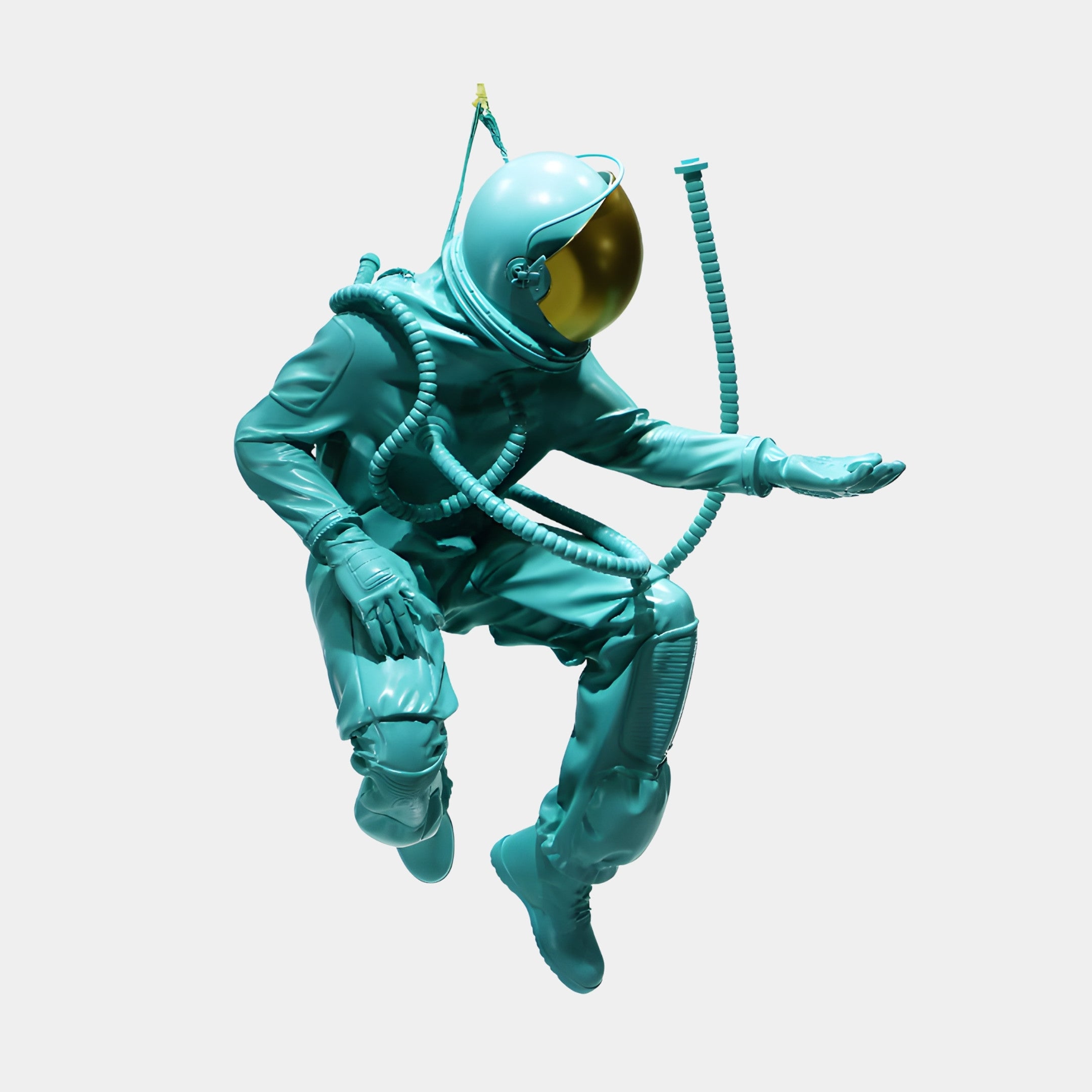 Giant Sculptures Green Metallic Astronaut Sculpture 95cm in glossy teal resin with gold mirror visor, suspended mid-float pose, shown on a plain white background.