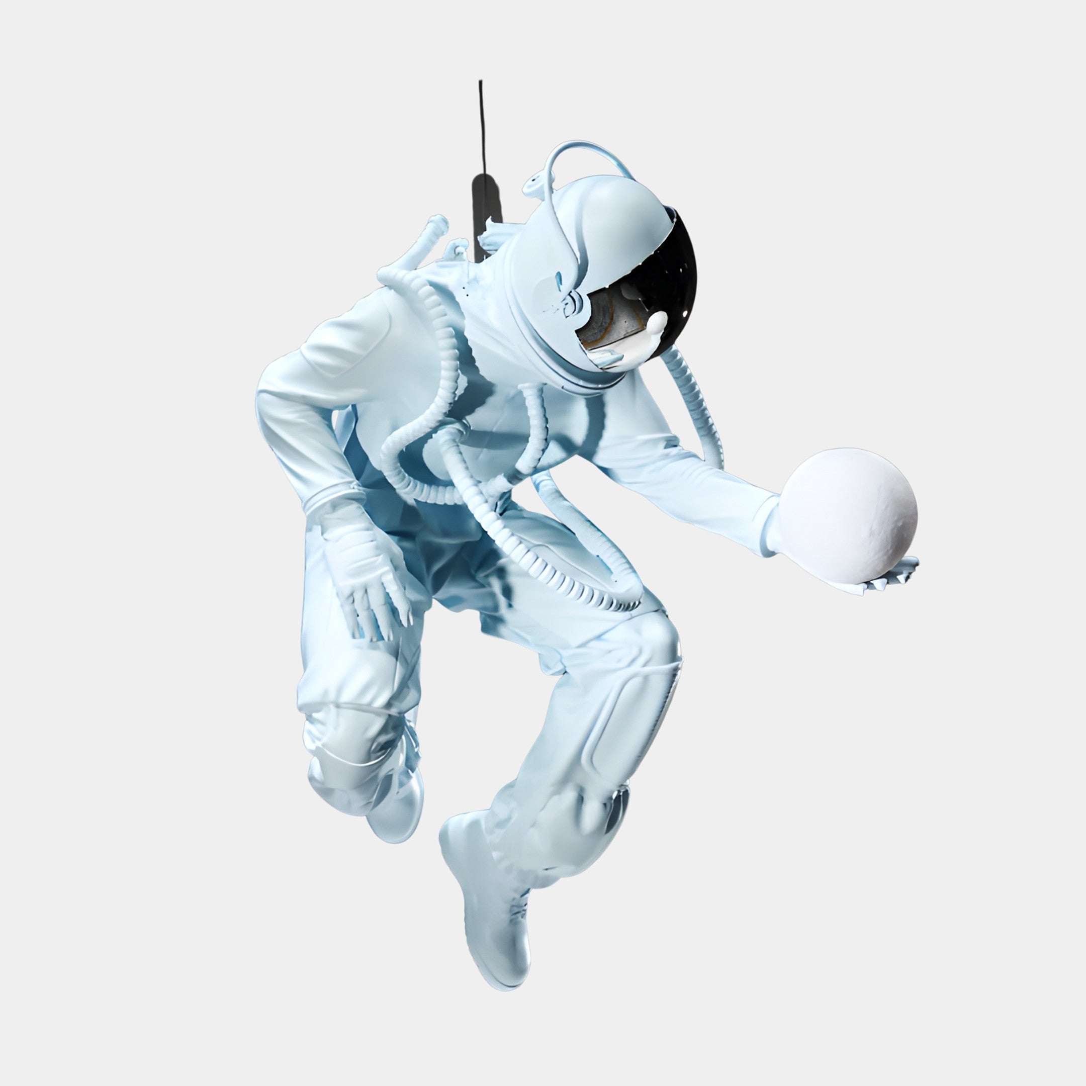 Giant Sculptures White Astronaut in Dynamic Pose Sculpture 60cm in 3D-printed resin with chrome visor, cradling a small white orb mid-float on a plain background.