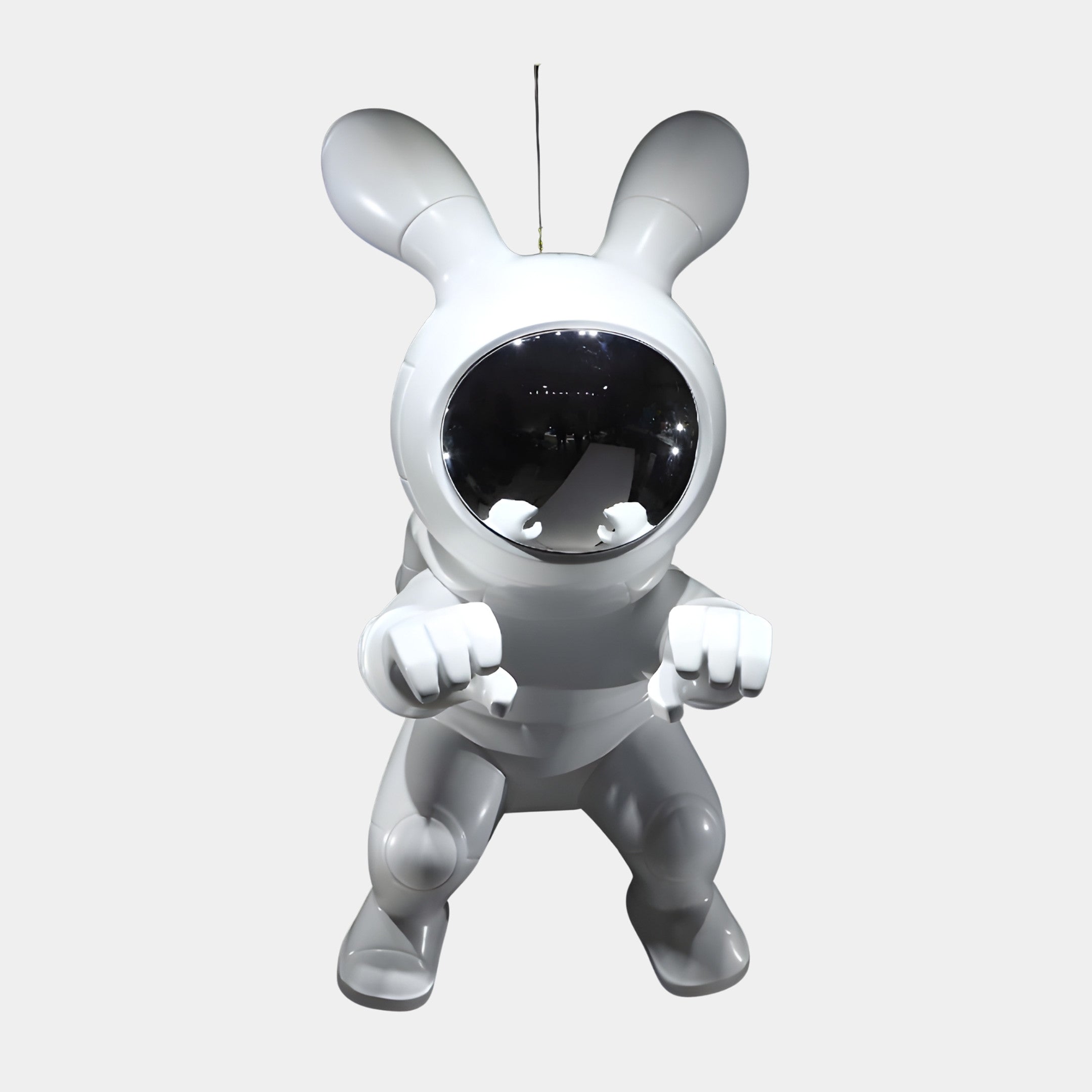 Giant Sculptures Silver Astronaut Rabbit Figure Sculpture in white and grey resin with a chrome visor and raised fists, shown front-on against a plain background.
