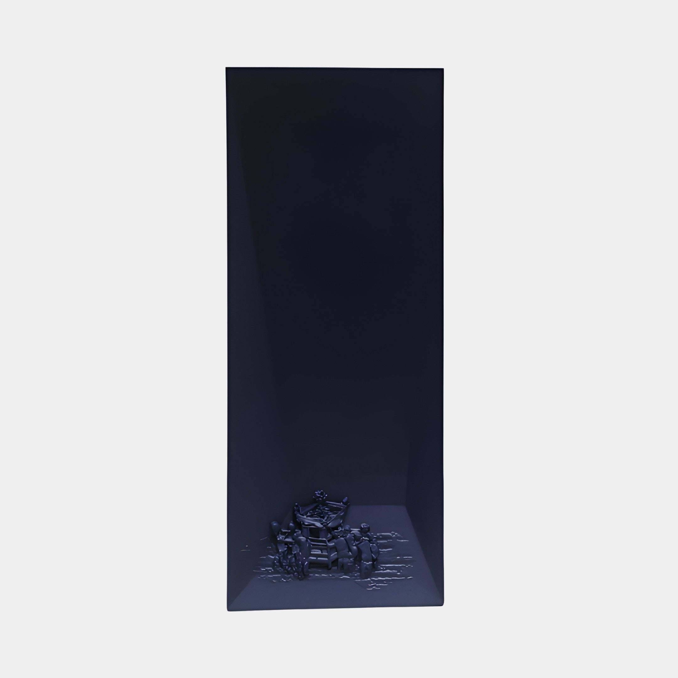 Giant Sculptures Navy Blue Textured Tall Panel Sculpture in 3D-printed resin, with a finely detailed miniature tableau set into the recess at its base.