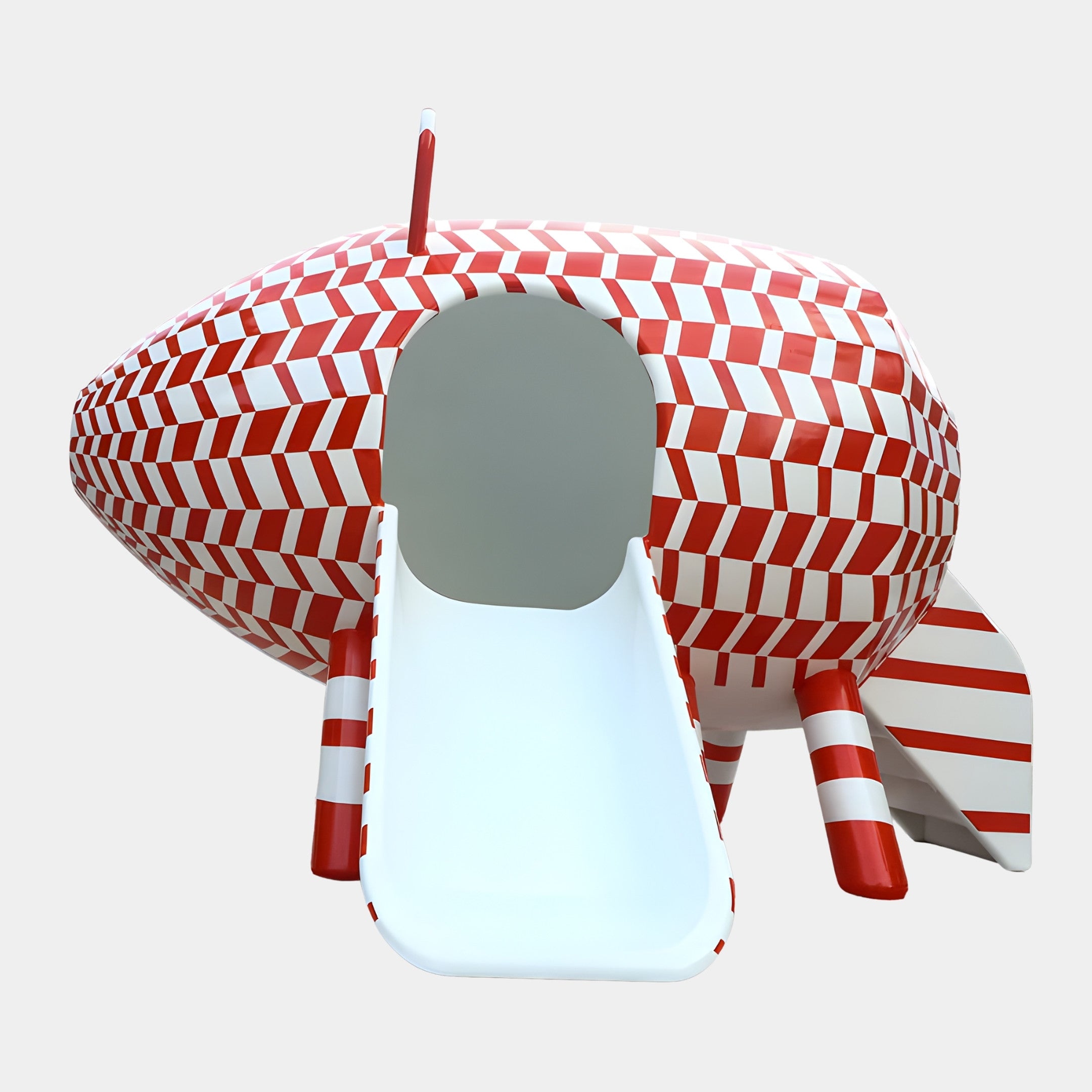 Giant Sculptures Red and White Checkered Archway Figure Sculpture in 3D-printed resin, front view showing the white slide-like opening, on a plain background.
