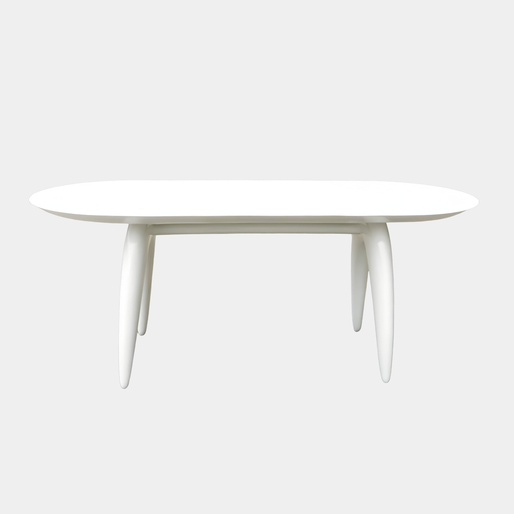 White Oval Dining Table 180cm by Giant Sculptures, 3D-printed resin with a smooth oval top on four outward-curving tusk-like legs, shown on a plain background.