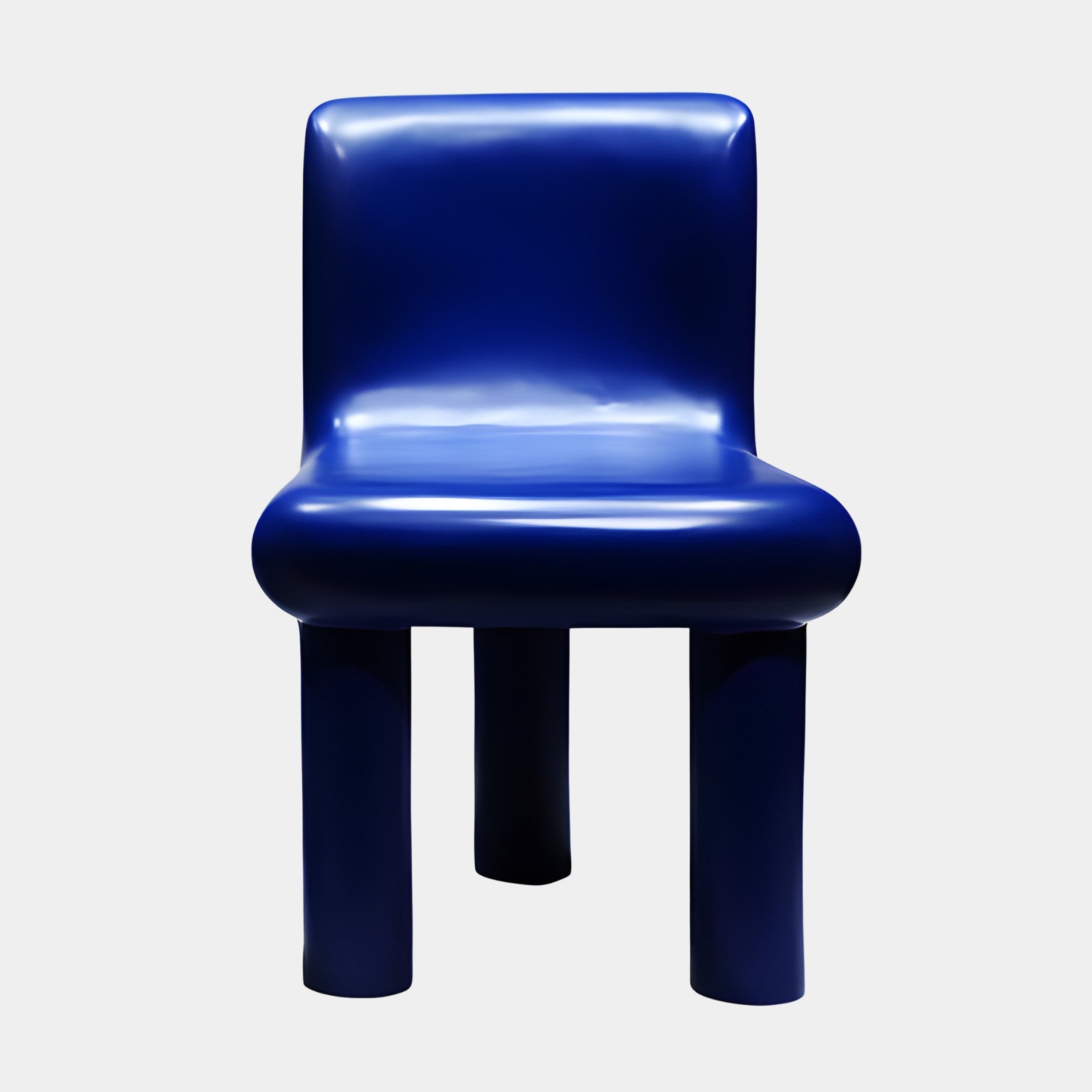 Blue Upholstered Modern Chair by Giant Sculptures, a glossy cobalt fibreglass seat with rounded curves and chunky cylindrical legs, shown on a plain background.