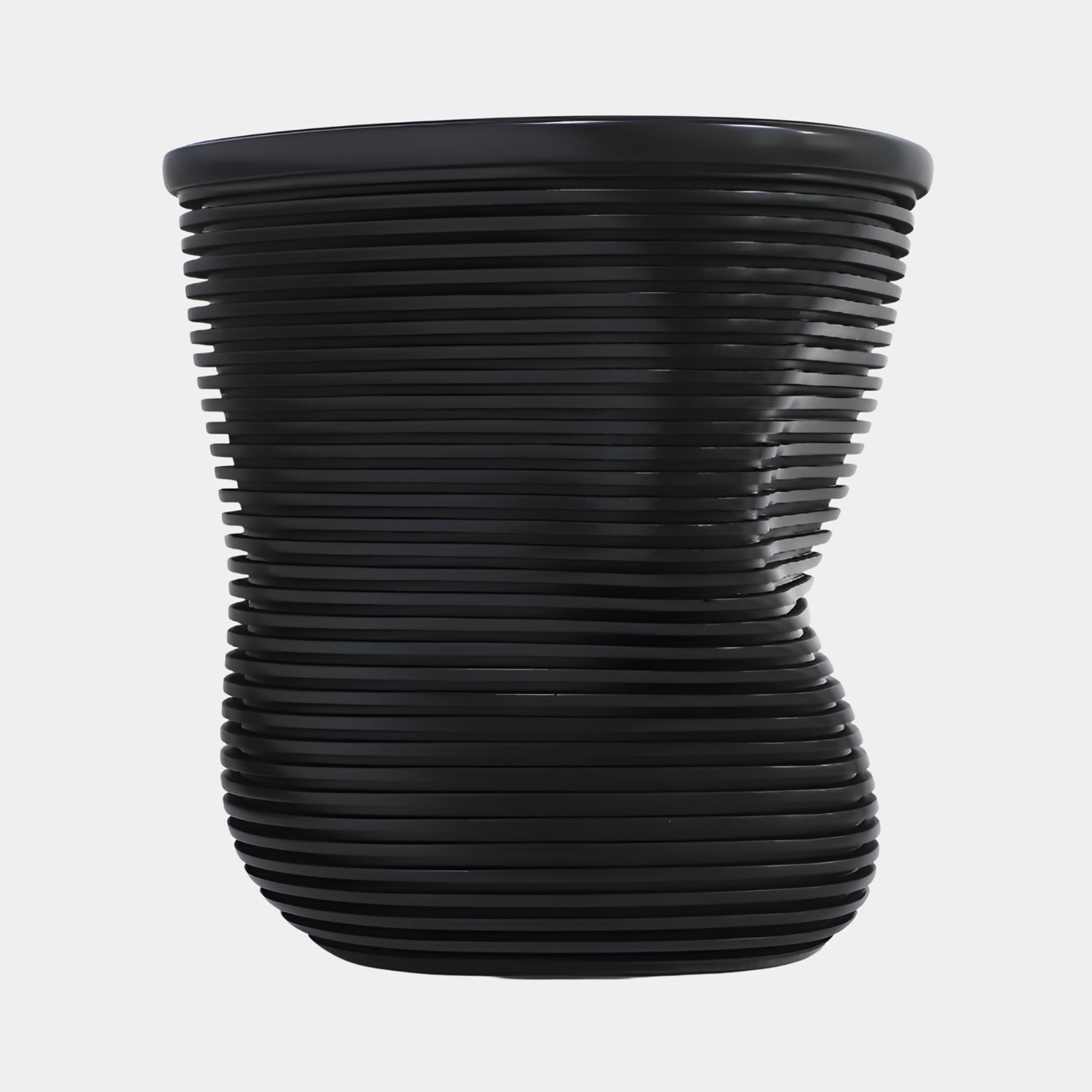 Giant Sculptures Black Ribbed Cylindrical Vessel 45cm in glossy 3D-printed resin, shown front-on with a waisted hourglass profile and horizontal ribs on a white background.
