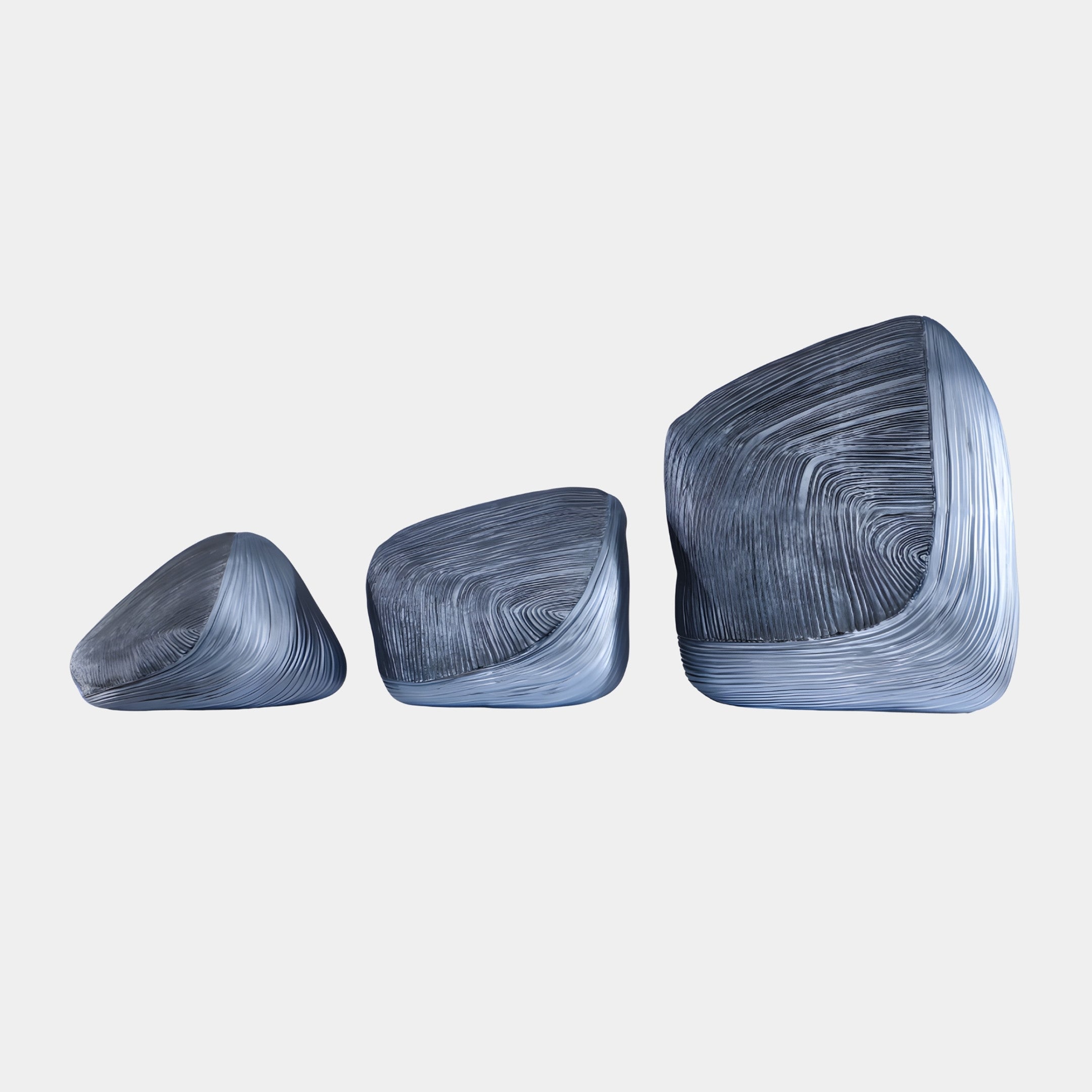 Giant Sculptures Grey Marble Abstract Stone Resin Sculpture shown as a trio of ridged organic forms in ascending sizes on a plain light background.